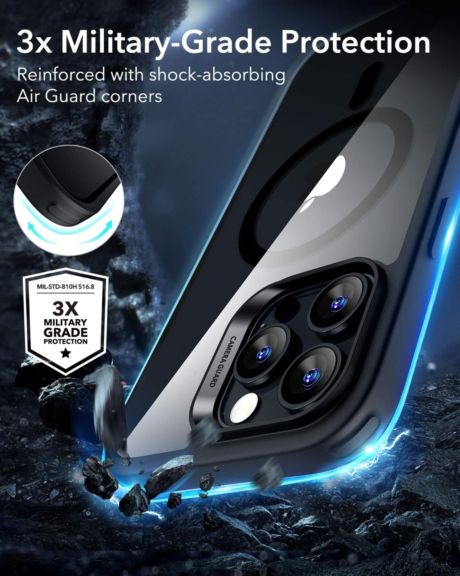 Une coque de téléphone avec un iPhone à l'intérieur. Elle offre une protection de qualité militaire et un protège-appareil photo.
