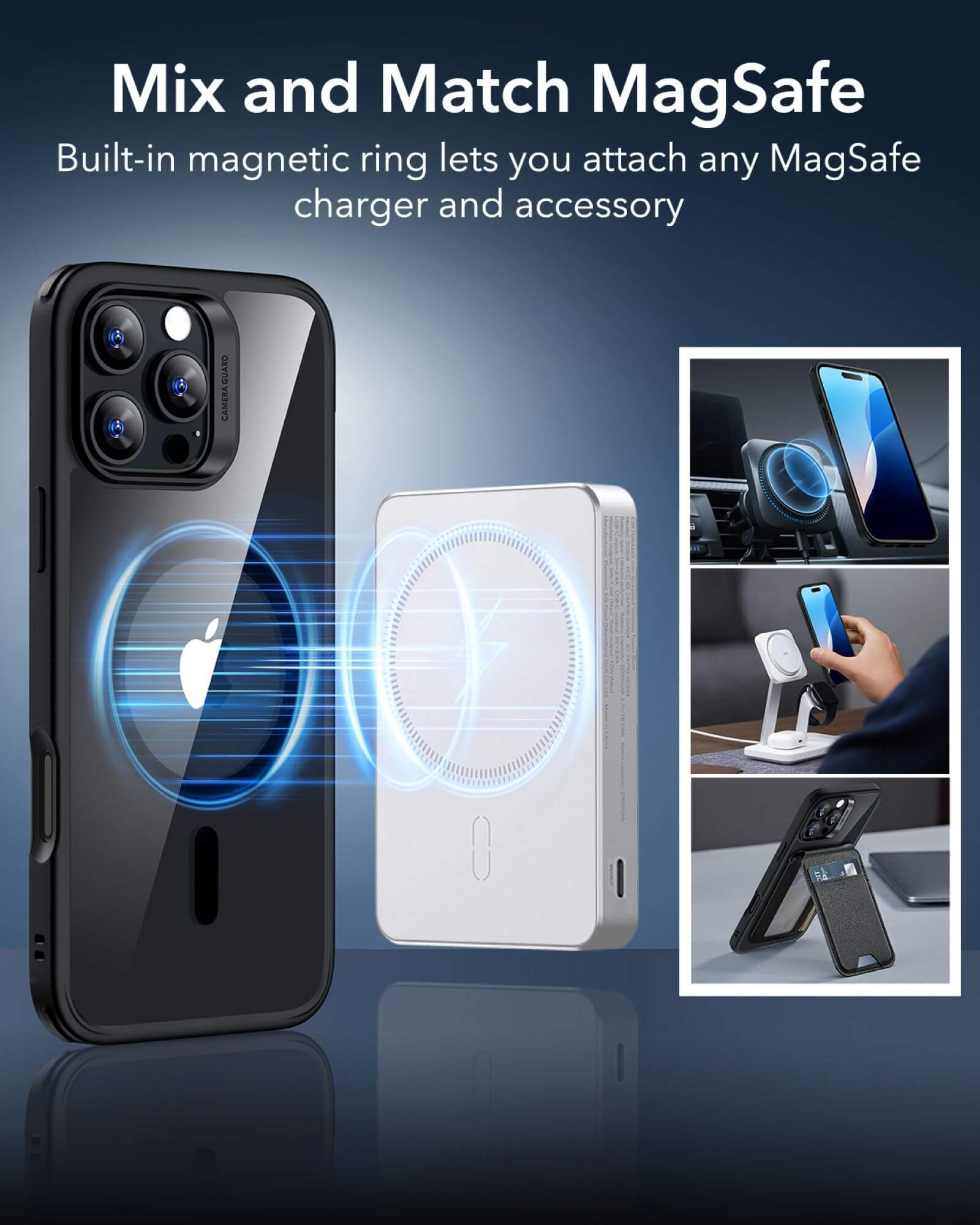 Coque de téléphone avec téléphone et chargeur MagSafe, avec exemples d'accessoires et focus sur les fonctionnalités magnétiques.