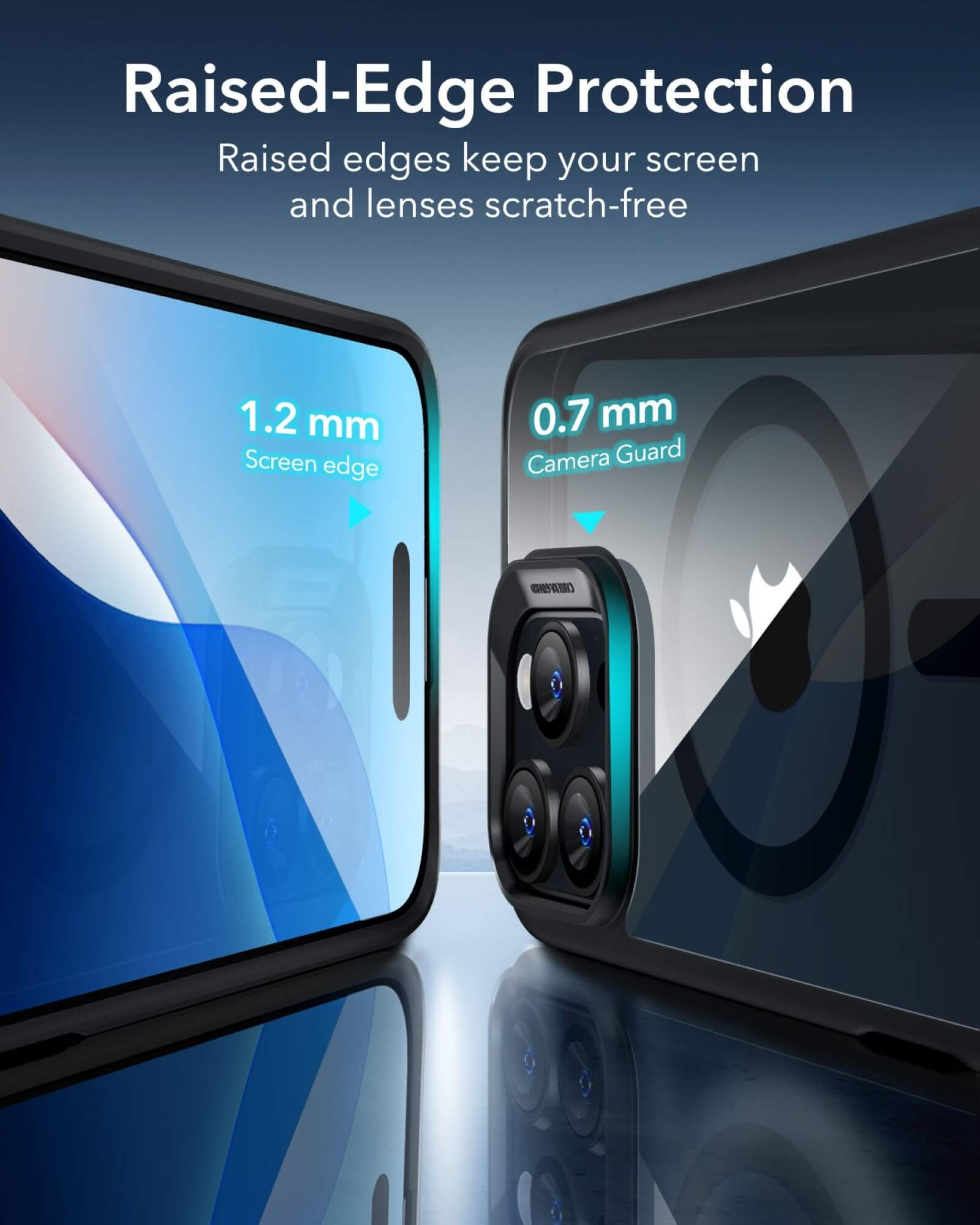 Gros plan d'une coque de téléphone. Le bord de l'écran est de 1,2 mm. Le protège-caméra est de 0,7 mm. Coque noire avec écran bleu.