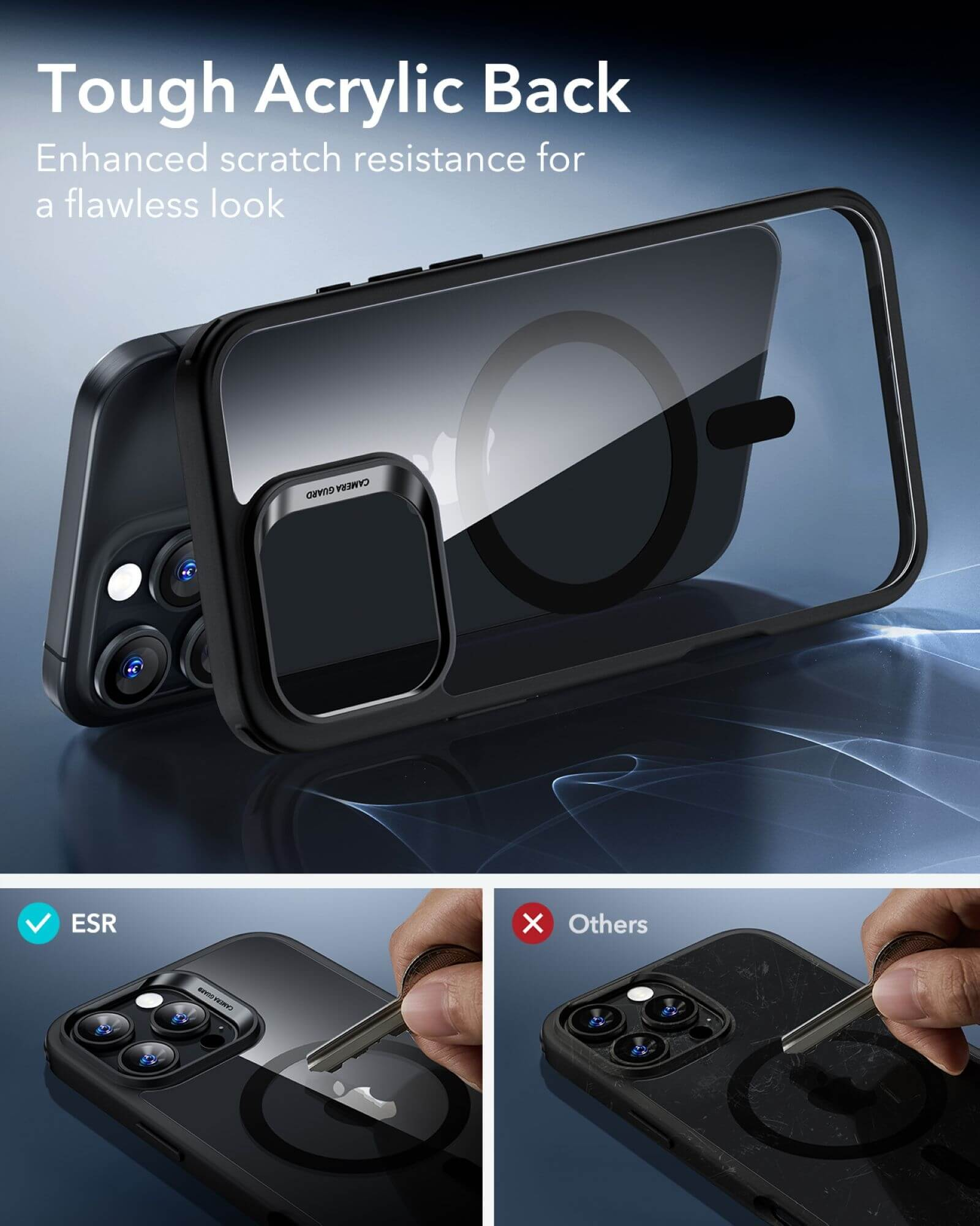 Coque de téléphone avec dos transparent, protège-caméra et anneau magnétique. Test anti-rayures.