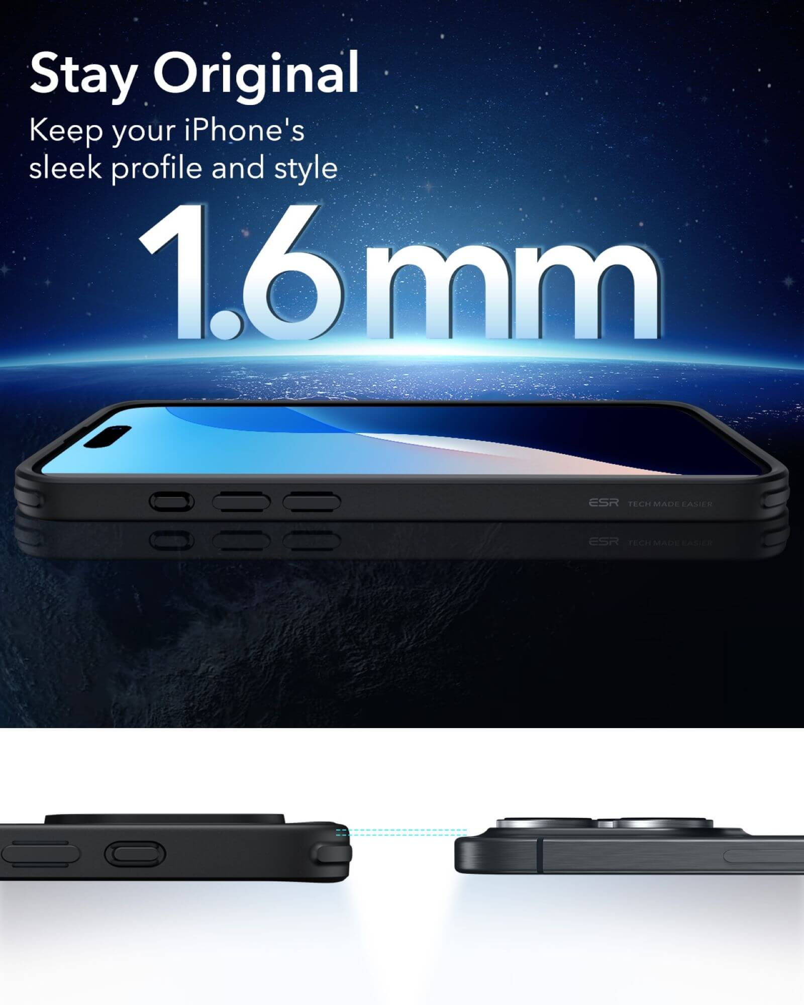 Coque de téléphone noire avec un design élégant et le texte "1,6 mm", avec des plans de détail et un fond étoilé.
