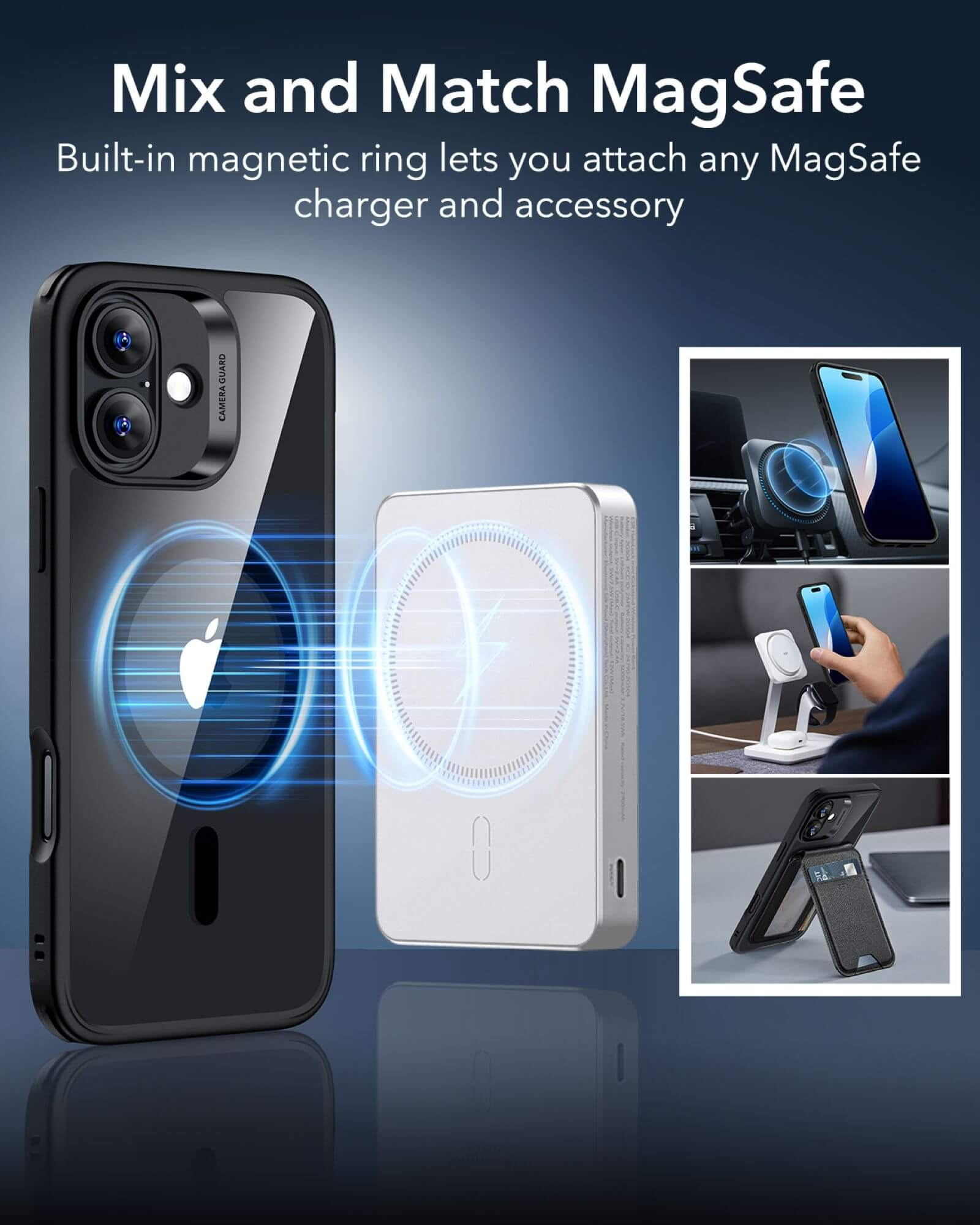 Ein Handy-Case, Ladegerät und Telefon mit MagSafe-Technologie. Hintergrund zeigt Zubehör im Einsatz.