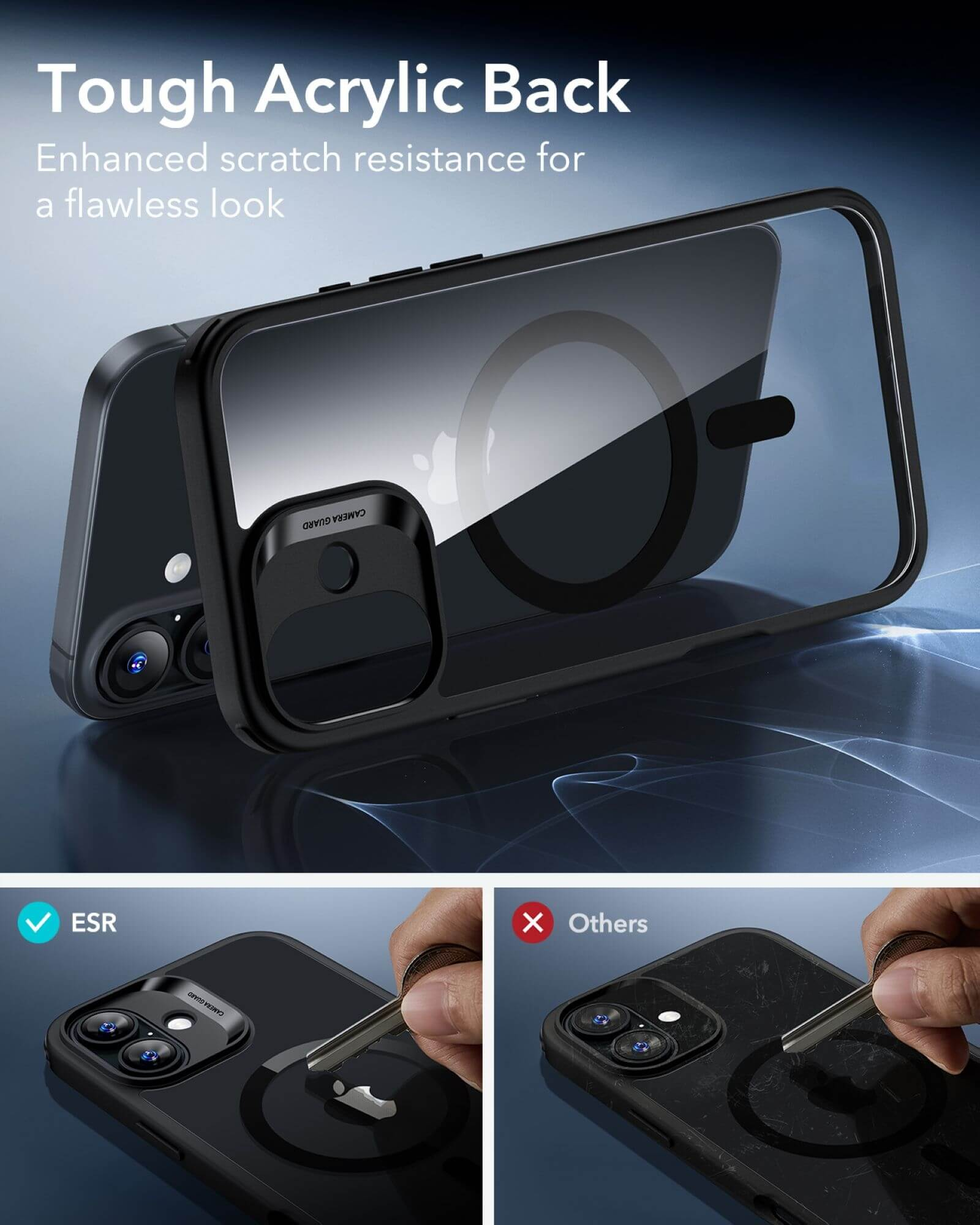 Handyhülle mit transparentem Rücken, zeigt das Telefon und eine Magnetfunktion.