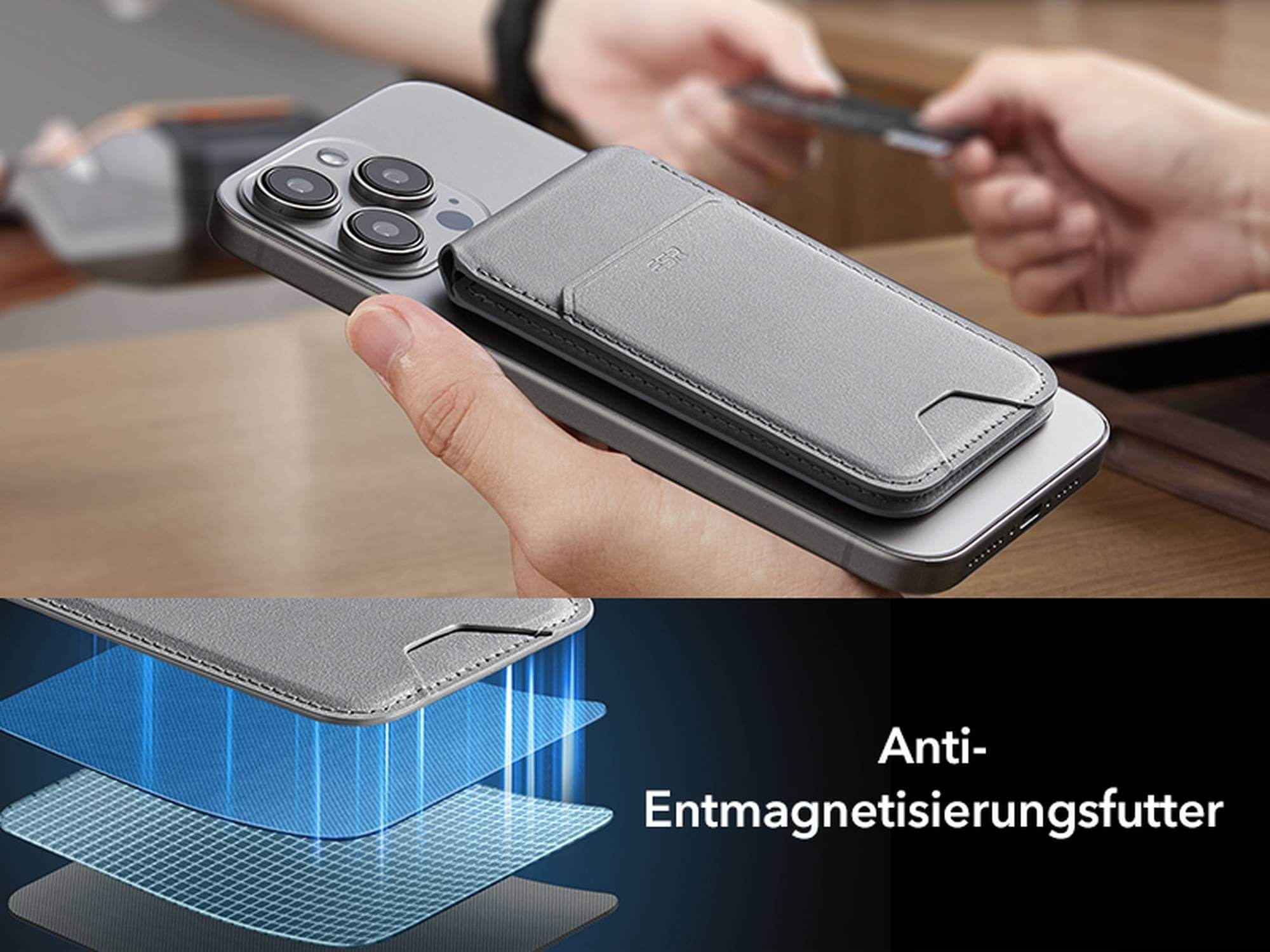 Ein Telefon mit angebrachtem magnetischem Portemonnaie, das die magnetischen Schichten zeigt.