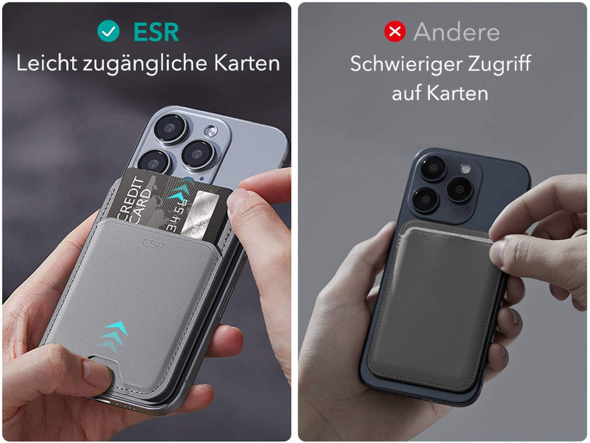 Zwei Telefone mit Kreditkarten in einem Portemonnaie. Eines hat einfachen, das andere schwierigen Zugriff.
