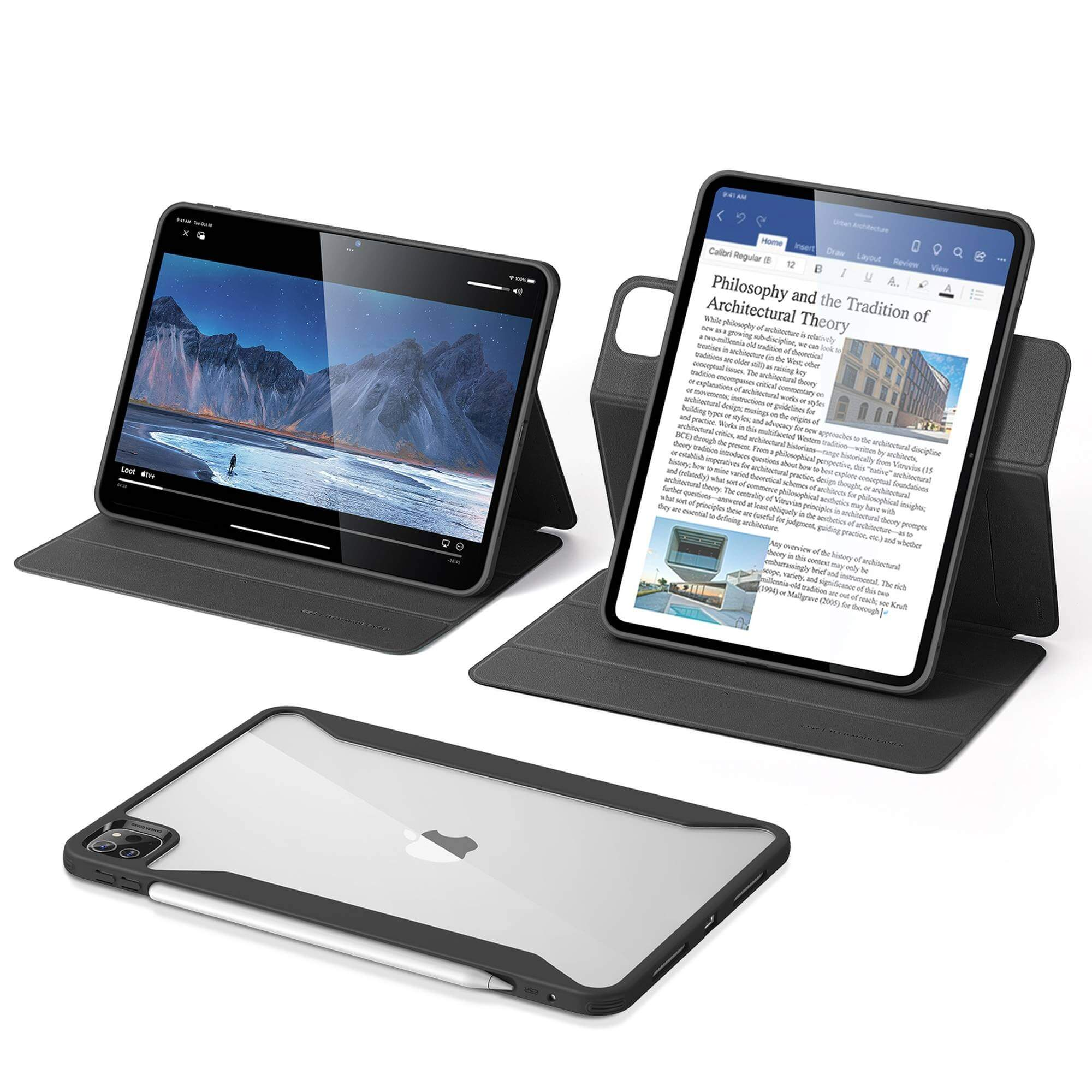 Tablets mit Hüllen, eines zeigt eine Filmszene, das andere ein Dokument, und eines mit Stift in einer Hülle.