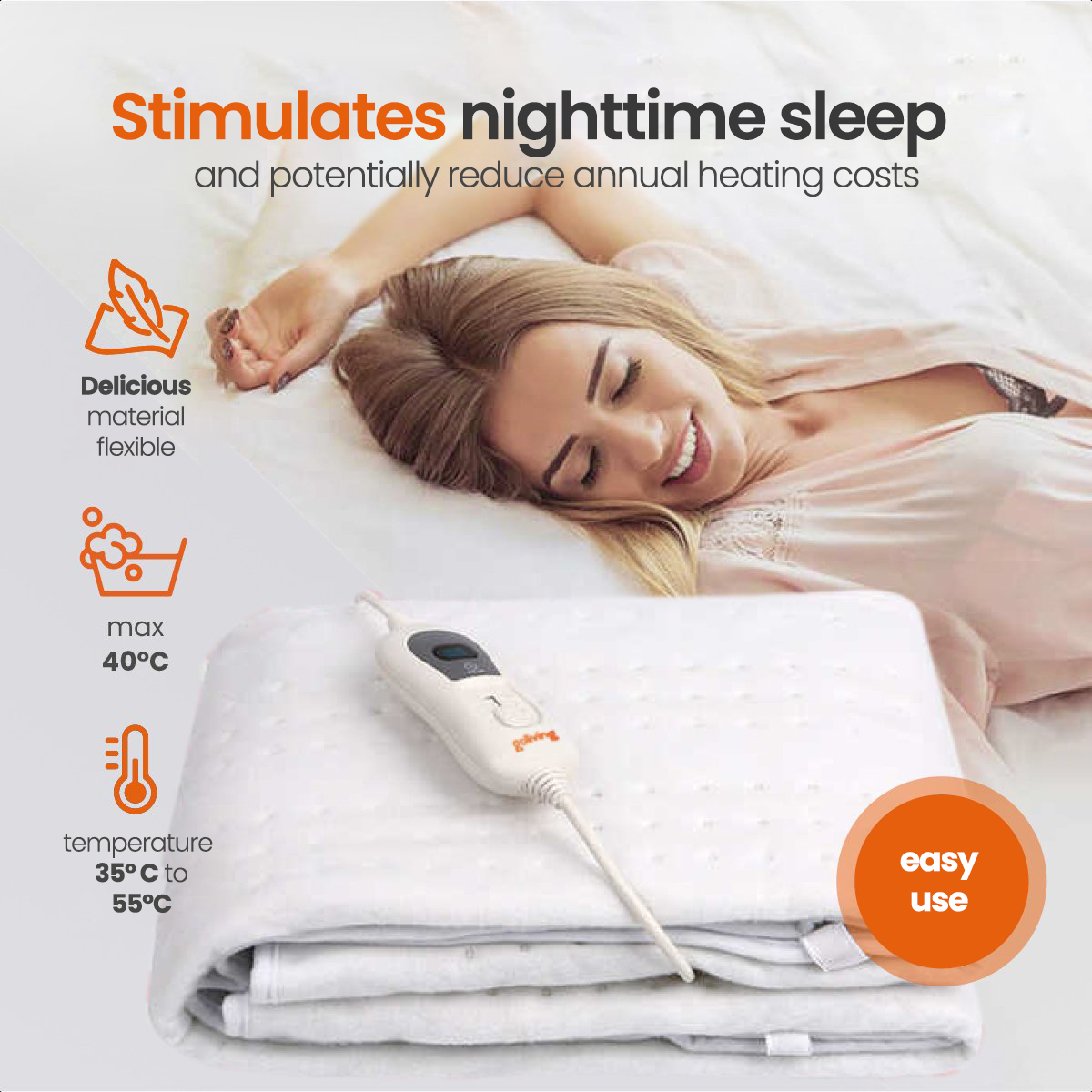Een vrouw ligt op een bed met een warmtekussen. Tekst beschrijft de productkenmerken en voordelen.