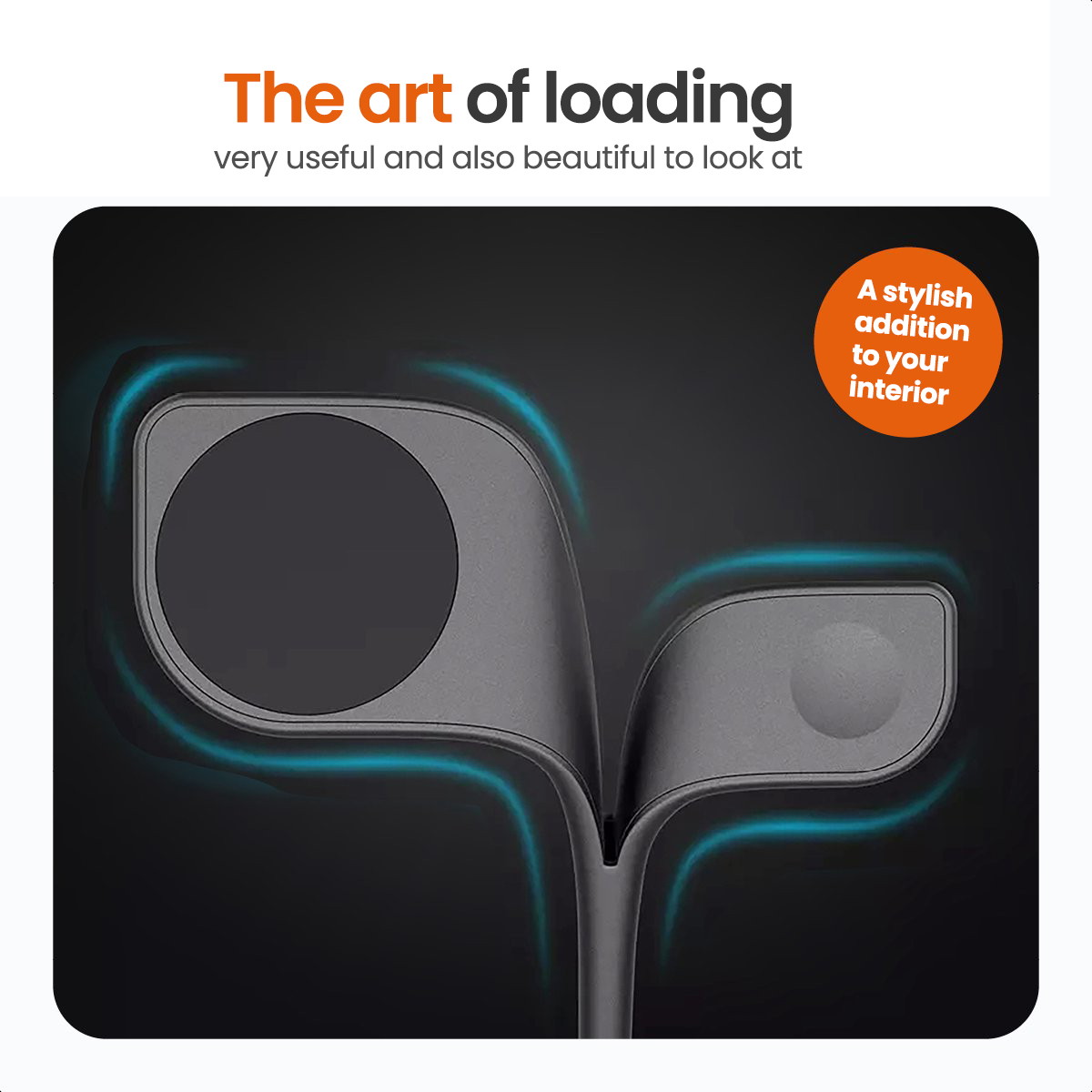 A stylish charging stand design with a phone placed on it, set against a black background.