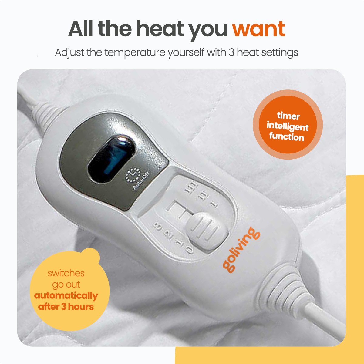 Witte elektrische dekenbediening. Tekst: Alle warmte die je wilt. Oranje cirkeltekst.
