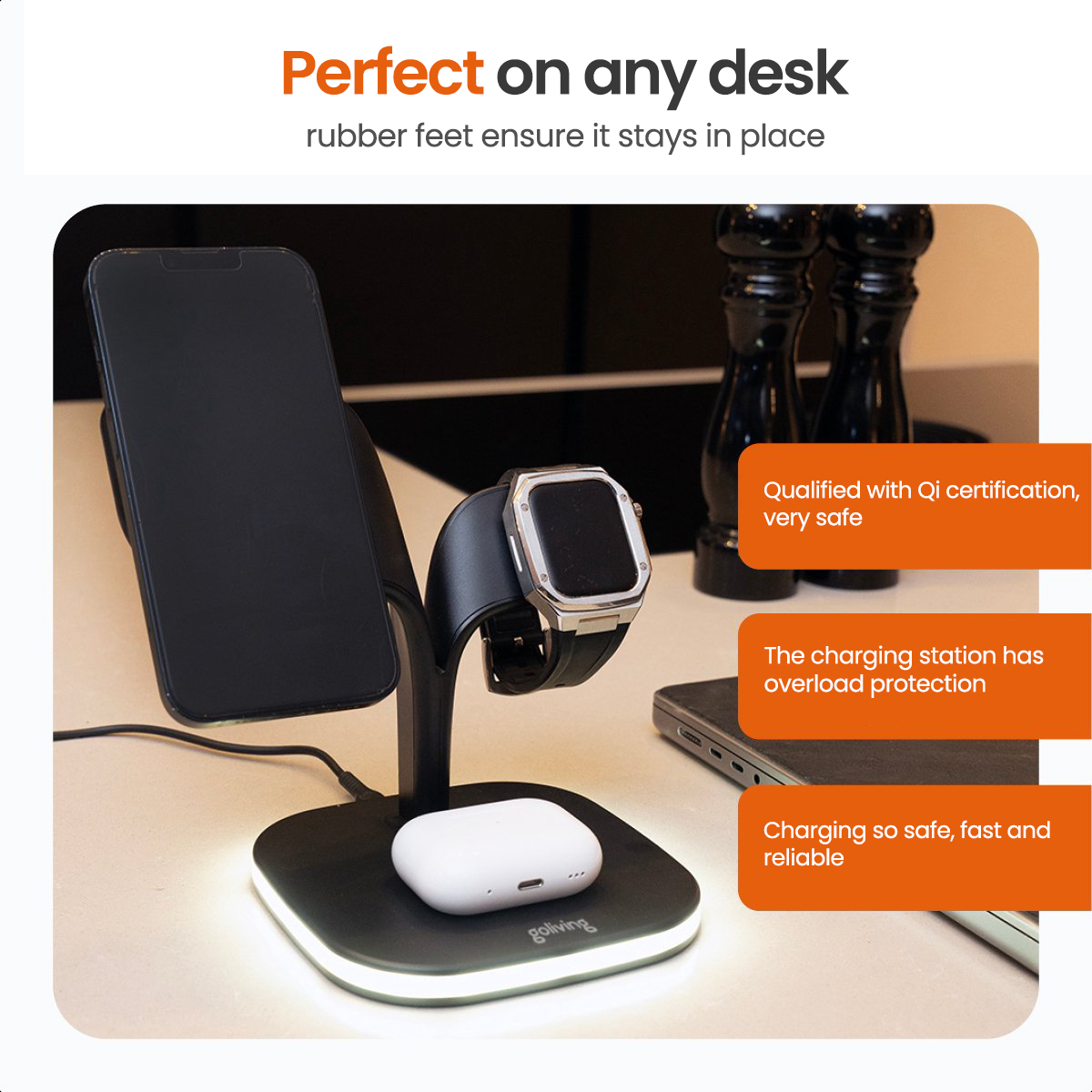 A charging station with a phone, a watch, and a charging pod. Text: Perfect on any desk, safe, fast, and reliable.