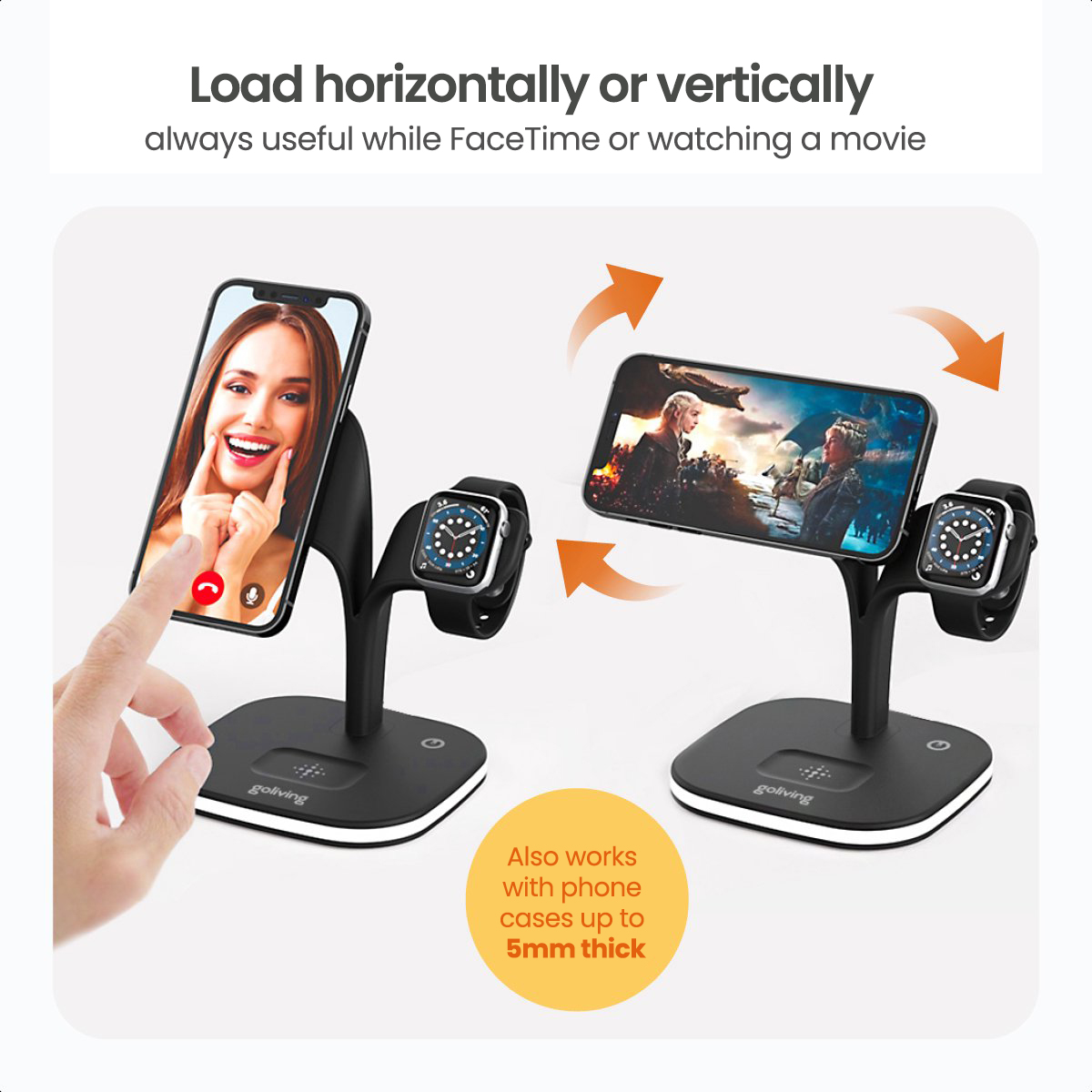 Phone and watch charging stand, with two phones in use.