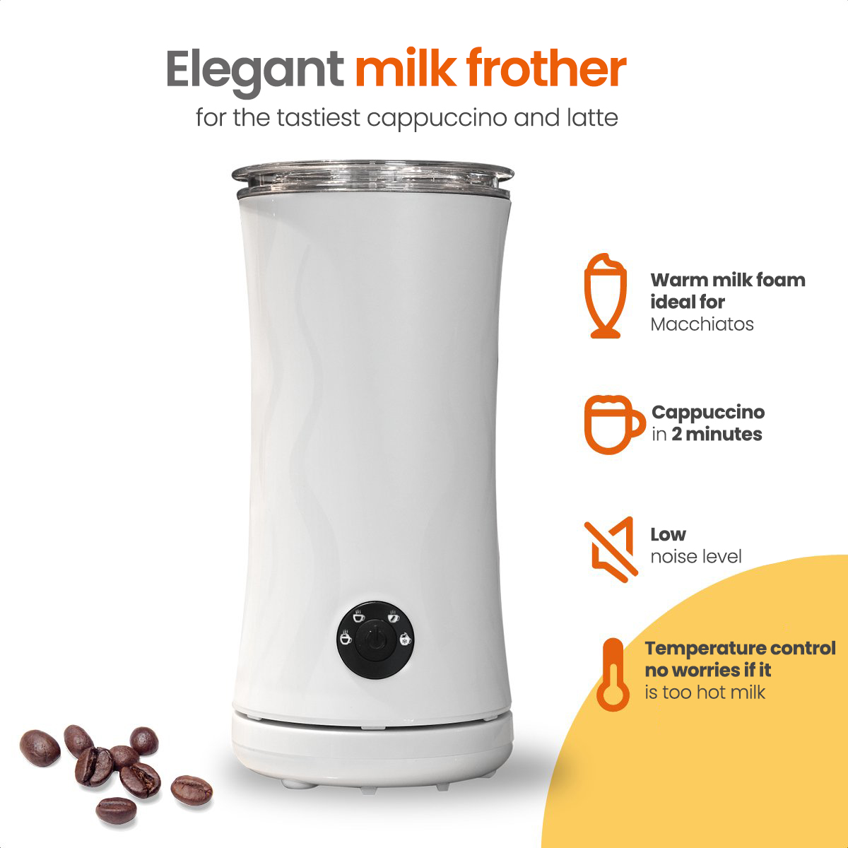 Ein weißer Milchaufschäumer mit Kaffeebohnen und Symbolen für warme Milch und Cappuccino-Funktionen.