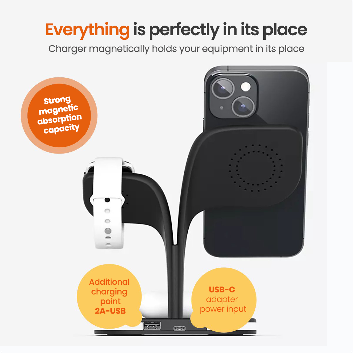 Black and white charging station with phone and watch. Texts: Everything is perfectly in its place.