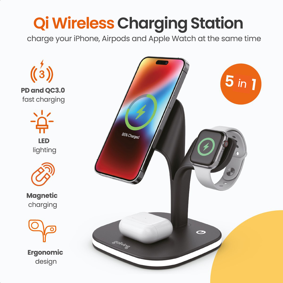 Wireless charging station with phone, Airpods, and Apple Watch. Multiple icons and labels.