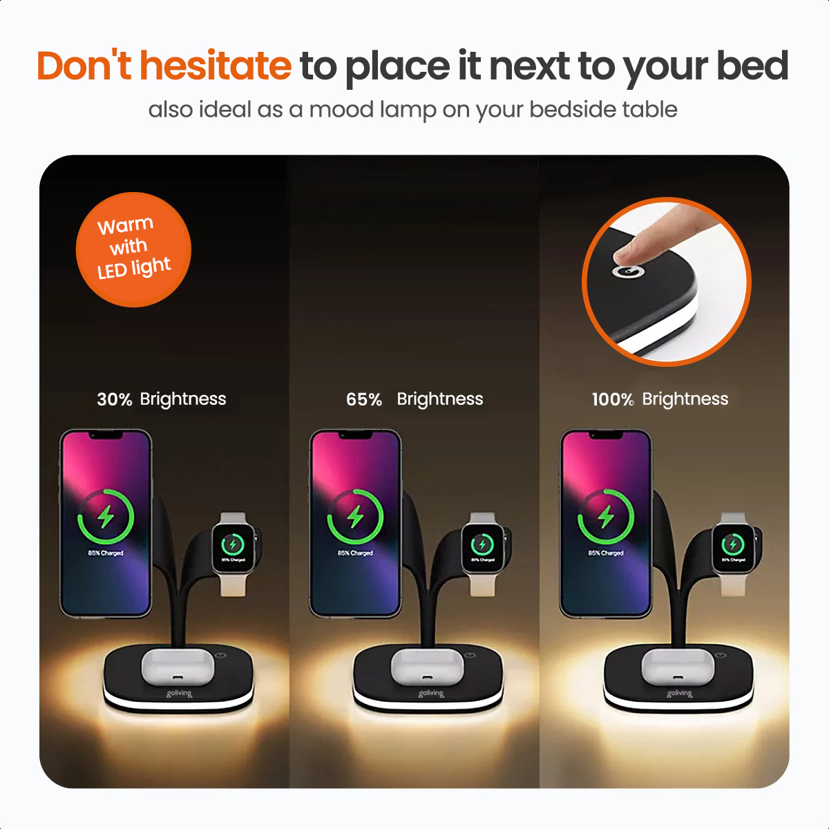 Wireless charging station with phones and watch, showing different brightness settings.