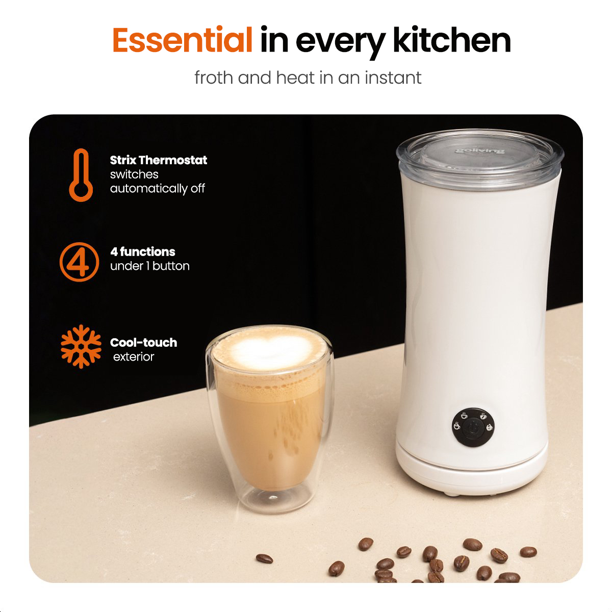 Weißer Milchaufschäumer mit Glas Latte und Kaffeebohnen.