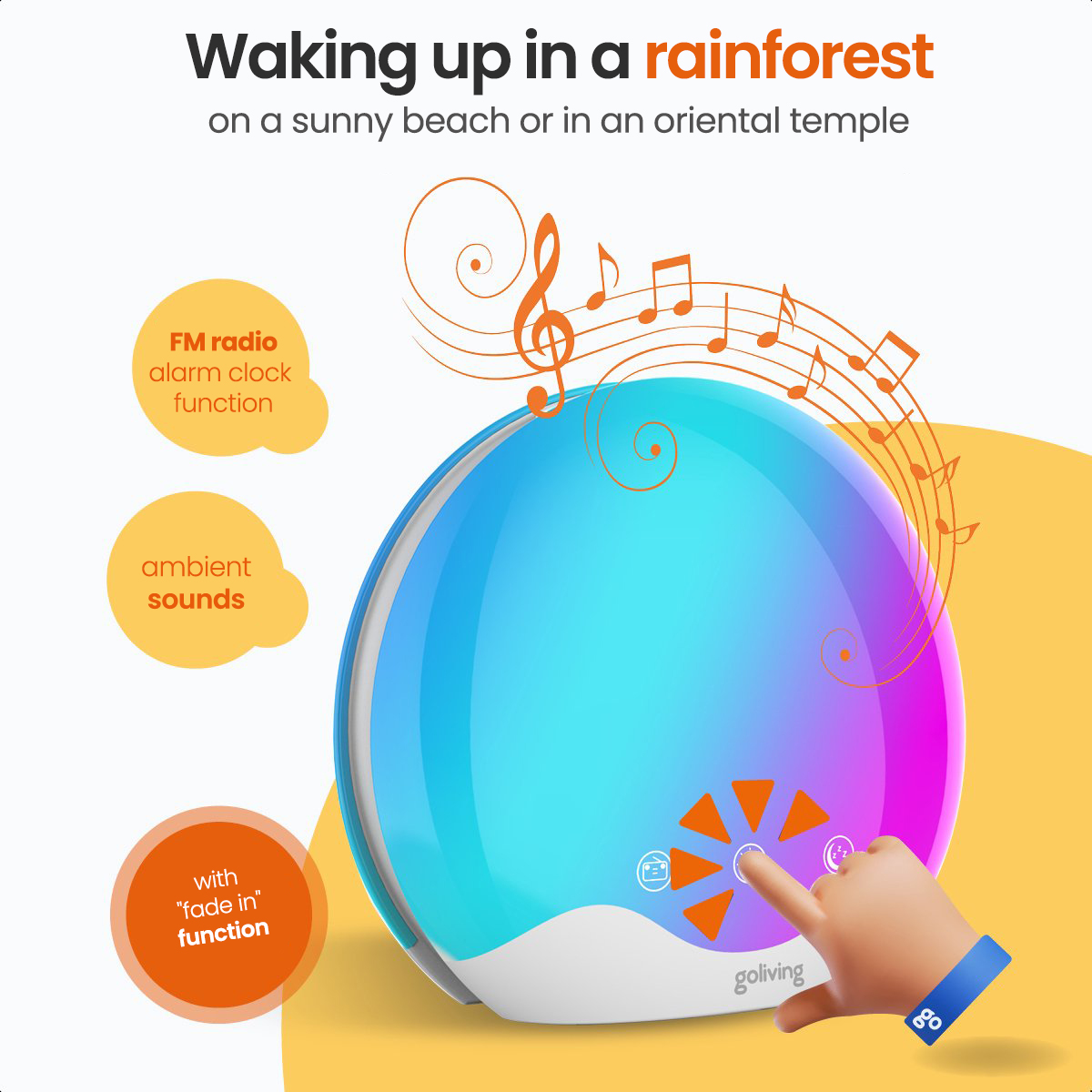 A colorful alarm clock with touch controls and musical notes, a hand touching the device.