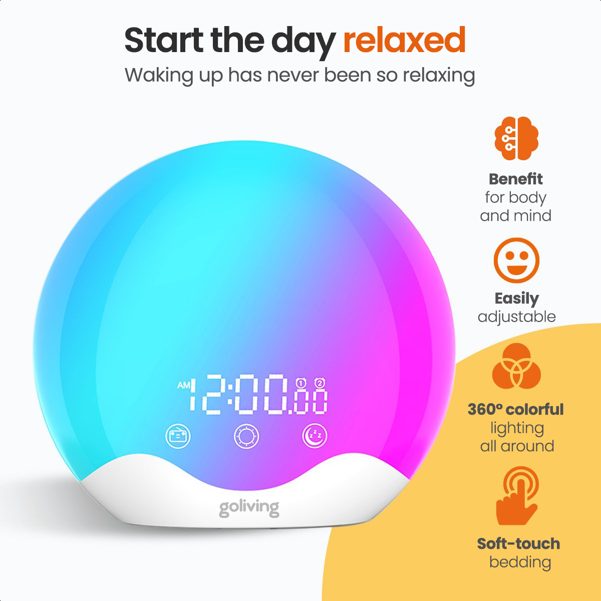 A round, colorful alarm clock with a digital display.