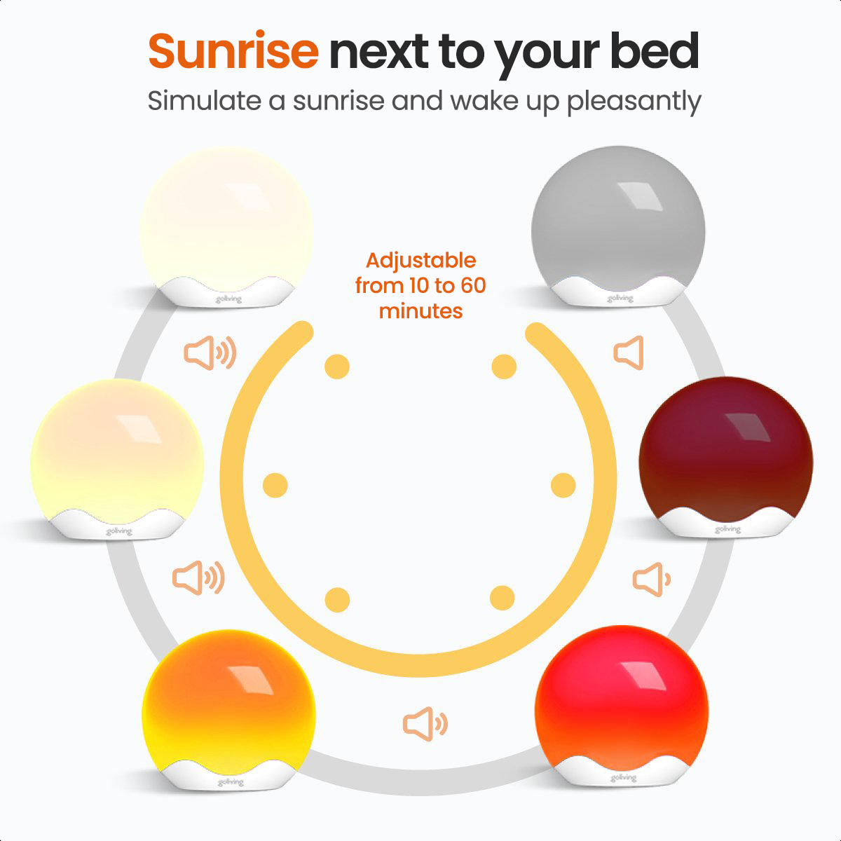 Sunrise alarm clock with six light settings, simulating a sunrise.
