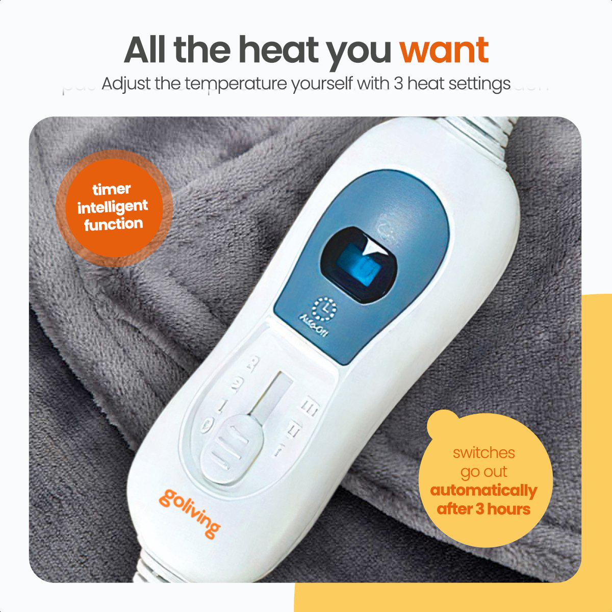 Electric heated blanket control. It has a timer and heat settings.