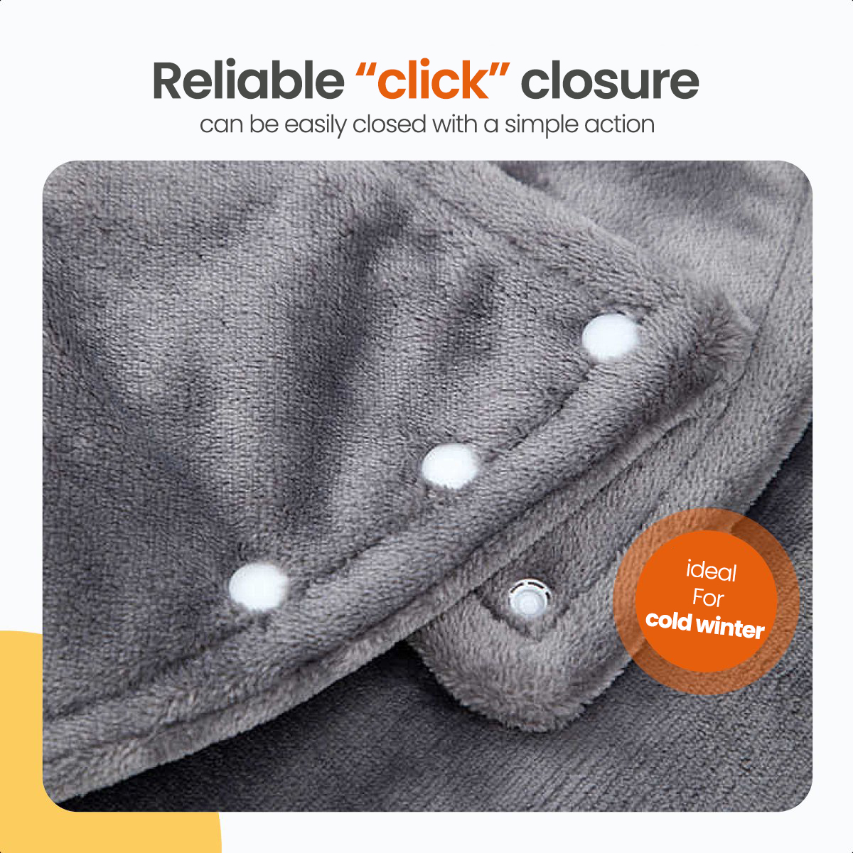 A gray blanket with three white buttons. Text: Reliable click closure. Ideal for cold winter.