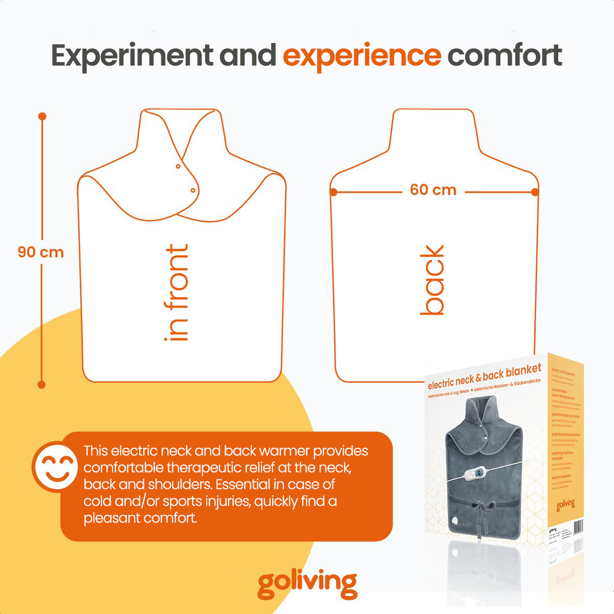 Diagram of a neck and back warmer, gray. Text: 'Experiment and experience comfort'.