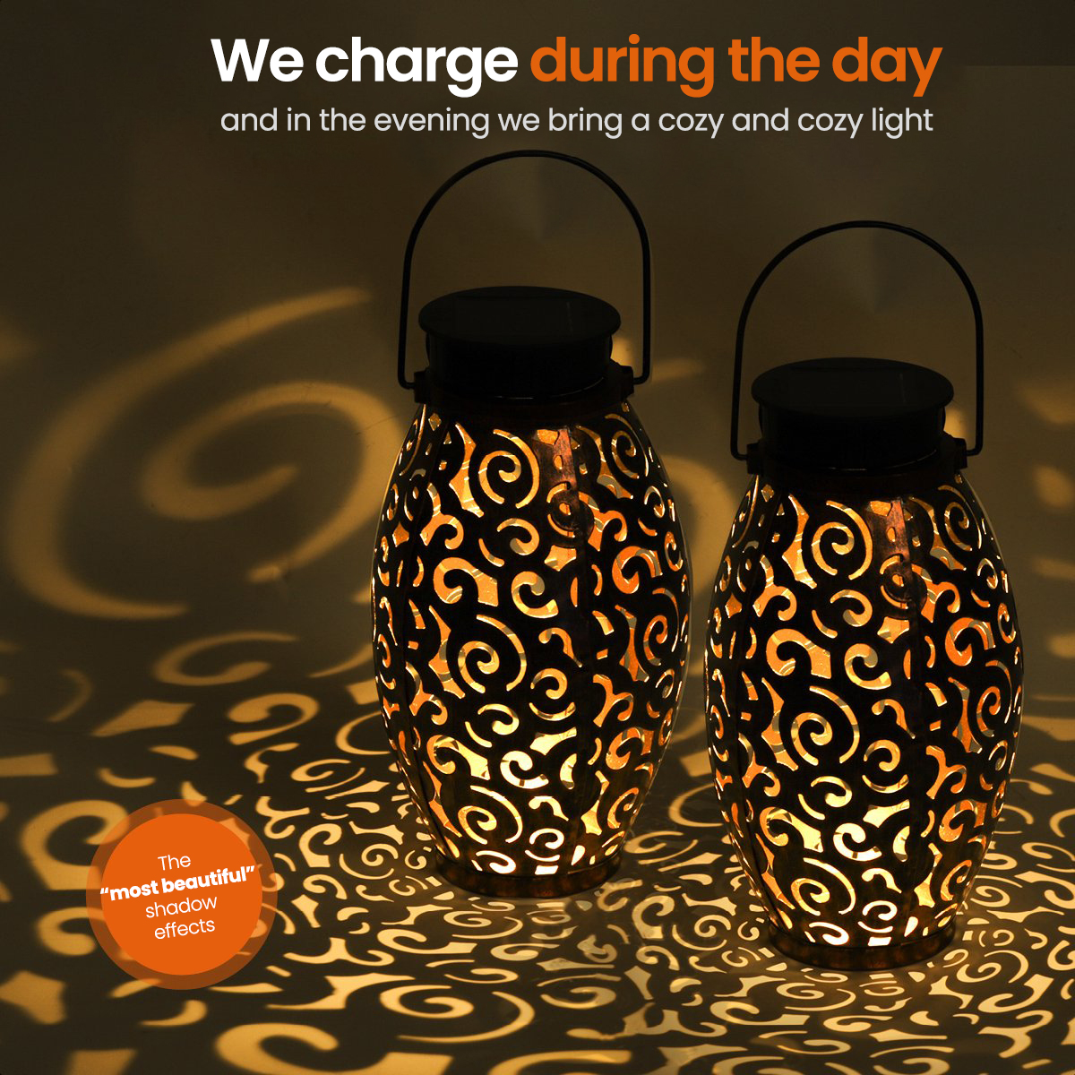 Two solar lanterns casting shadow patterns. They have handles and are lit from inside.