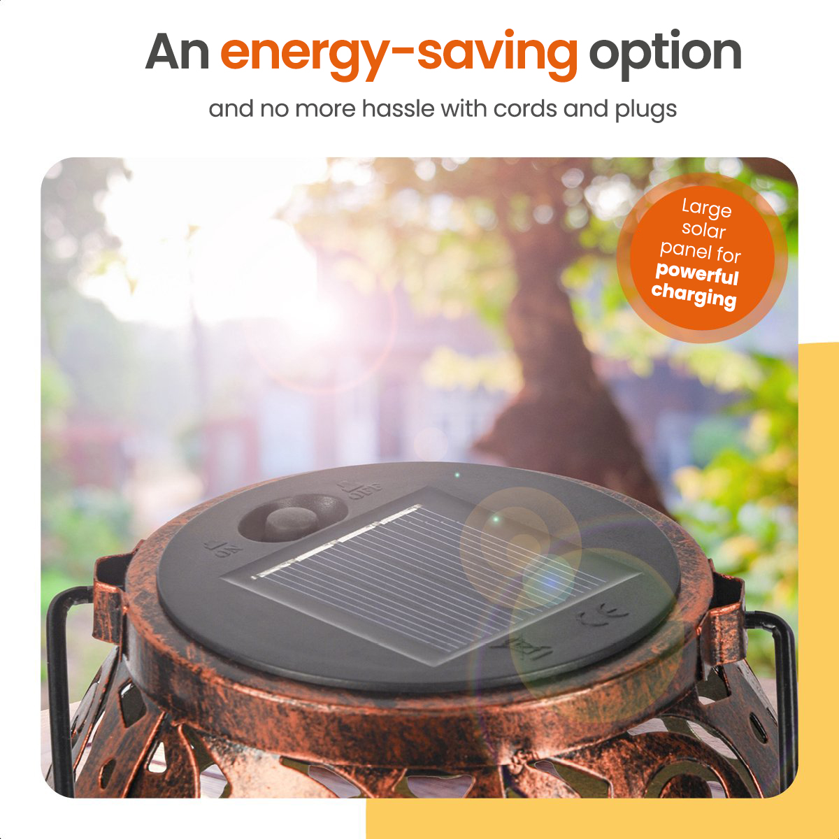 Solar garden lamp with solar panel, blurred background of trees and sunlight.
