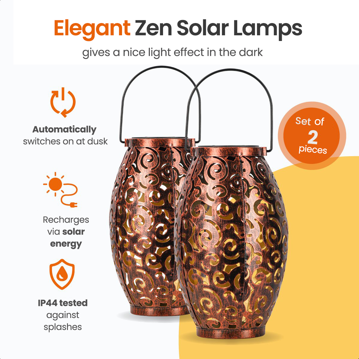 Two decorative solar lamps with intricate patterns.