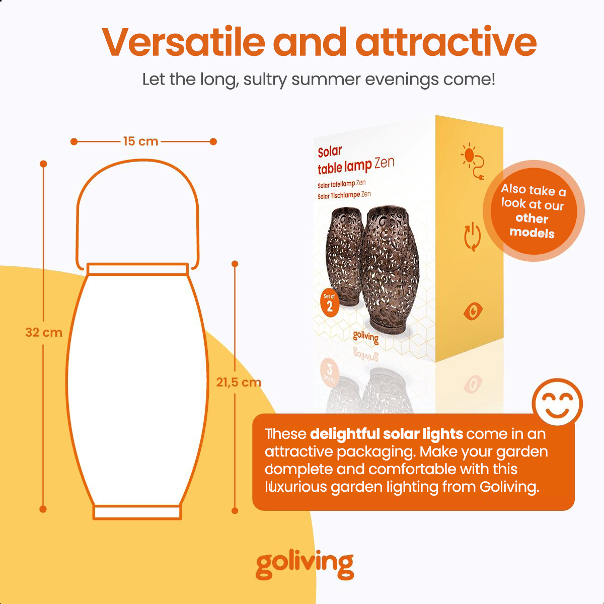 Solar lamp with packaging, dimensions in cm. Text says, 'delightful solar lights' with dimensions.