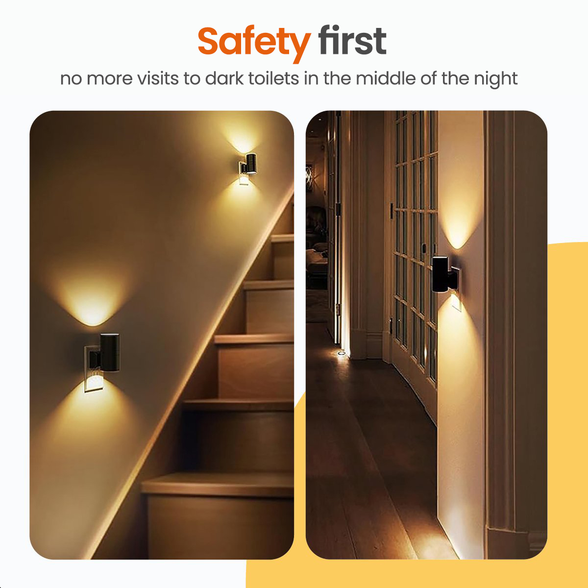 Lights on stairs and near a door, with text about safety.