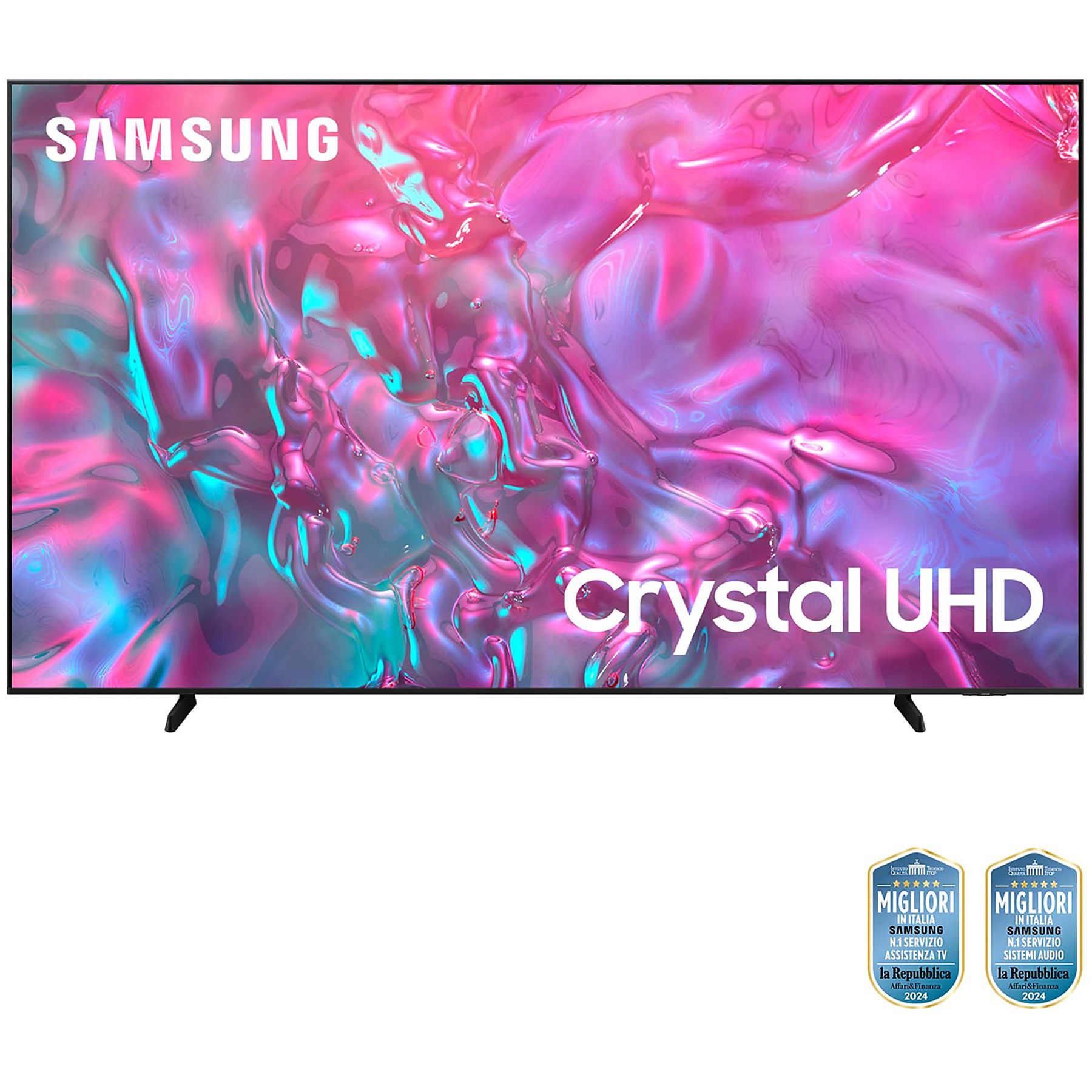Samsung Crystal UHD TV-Bildschirm. Der Hintergrund hat rosa und lila Farbtöne. Der Bildschirm ist eingeschaltet.