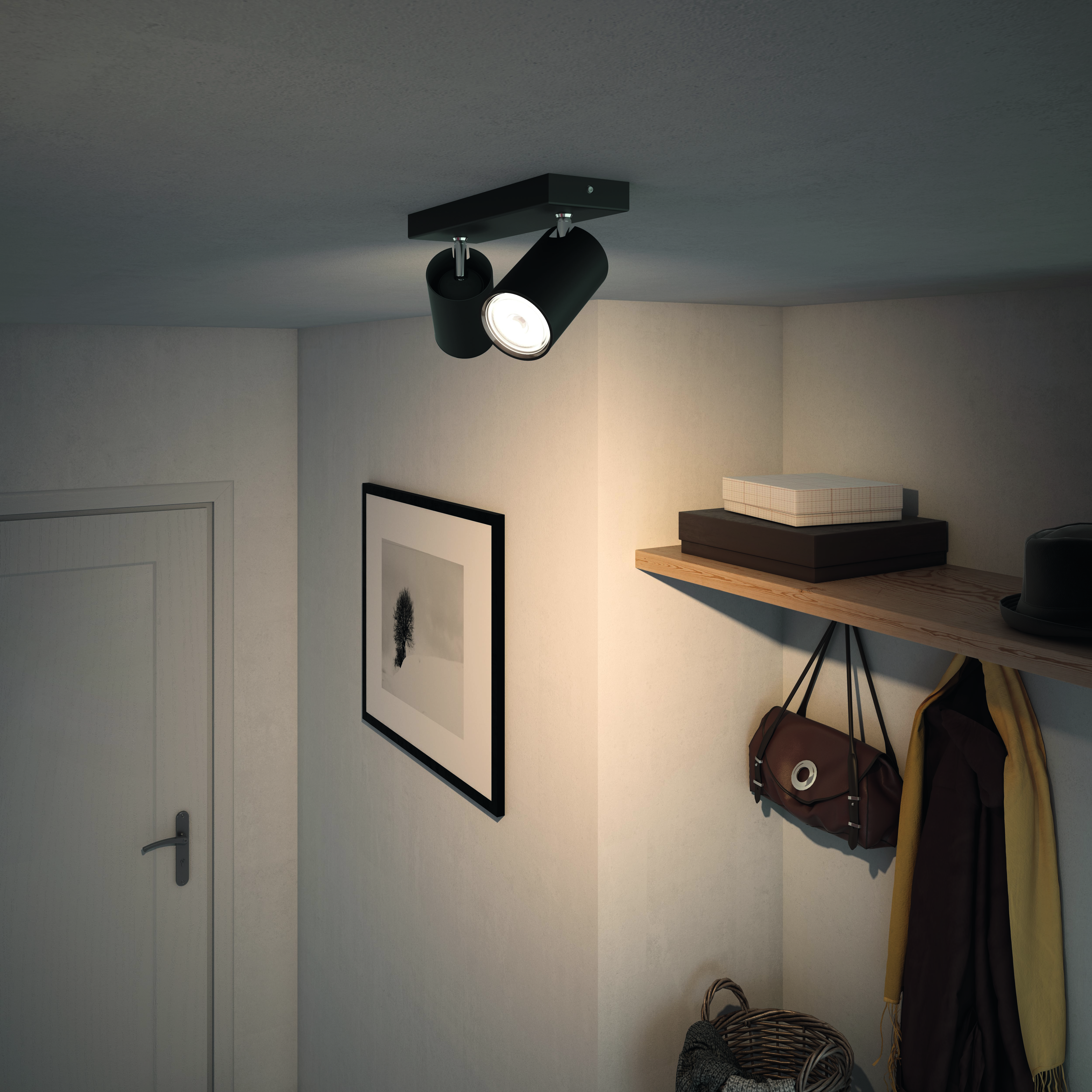 Zwei schwarze Strahler an der Decke, mit einem gerahmten Bild und Regal.