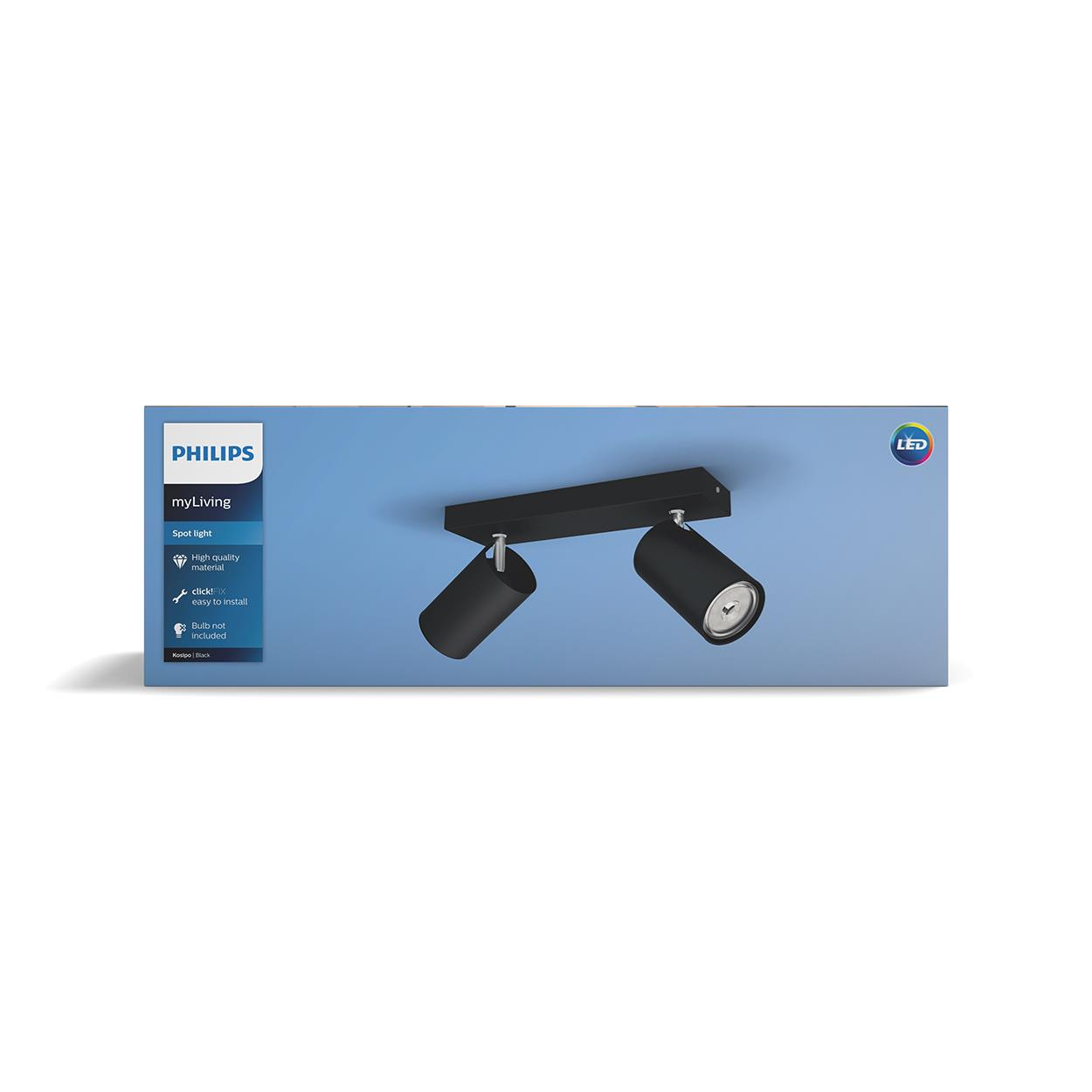 Eine schwarze Spotlichtbox mit zwei Strahlern. Der Text „Spotlicht“ befindet sich in der oberen linken Ecke der Box.