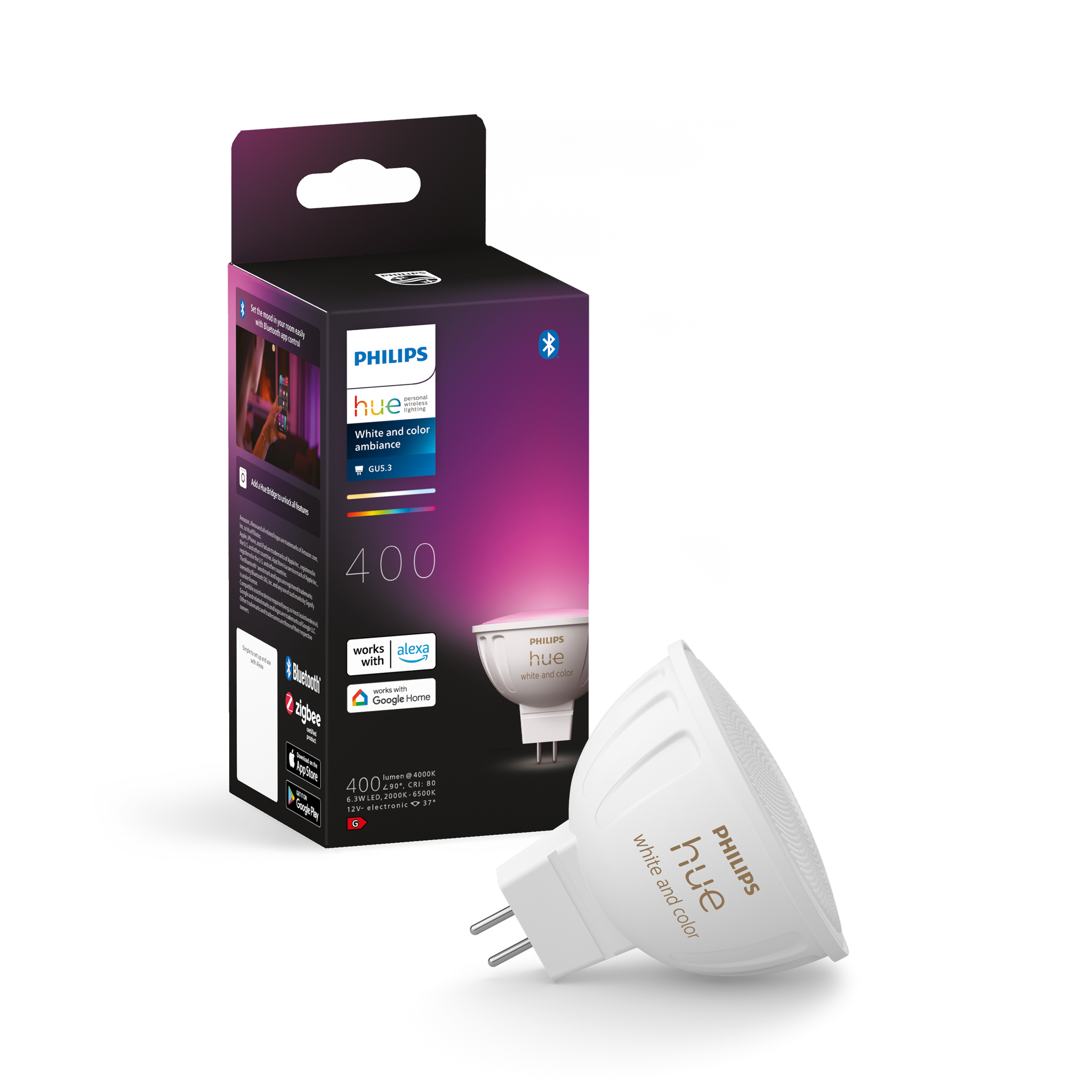 Bombilla inteligente PHILIPS HUE HUEWA 12V MR16, Casquillo Control  por voz, Blanca y colores