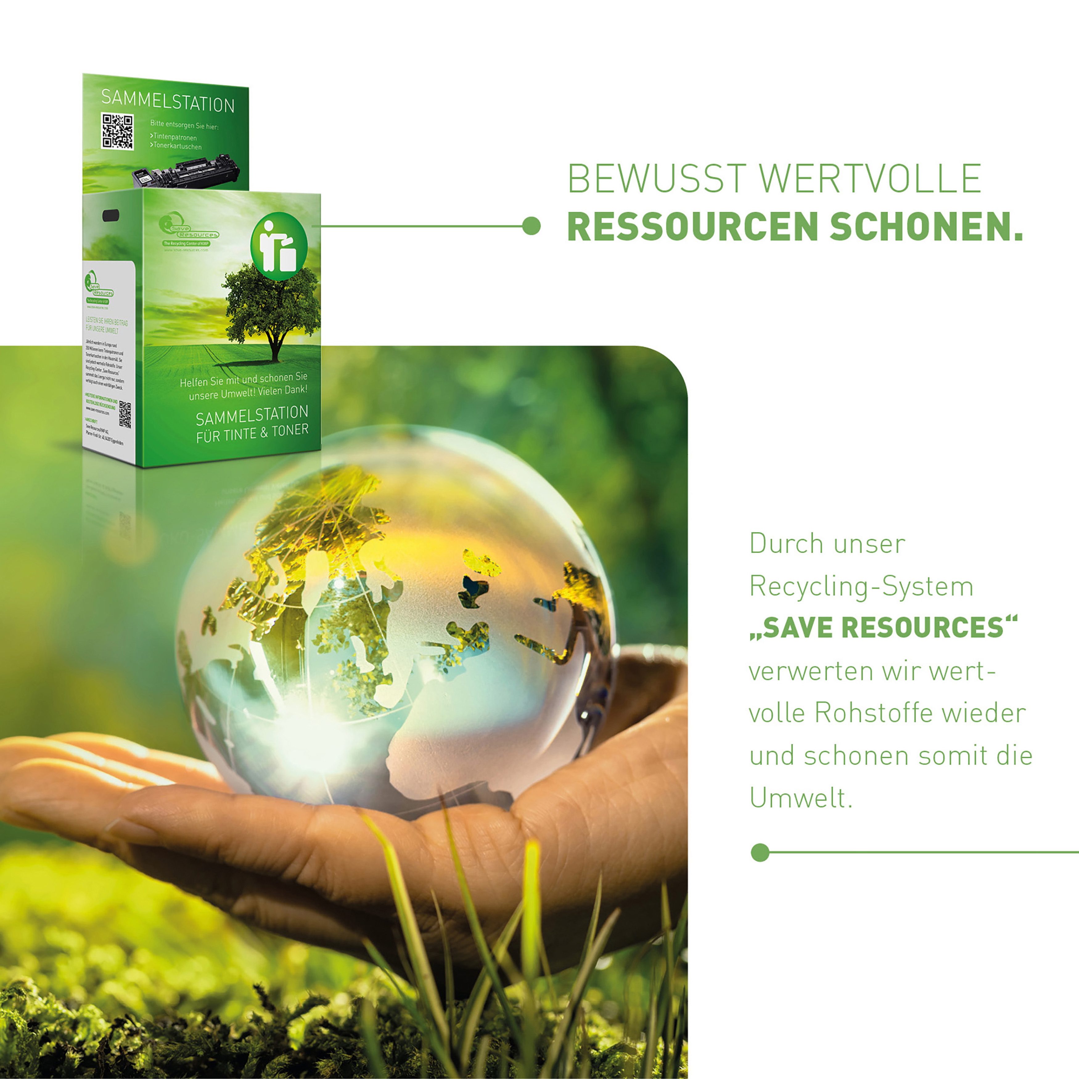 Dłoń trzymająca globus, podkreślająca dbałość o środowisko. Teksty promują recykling i oszczędzanie zasobów.