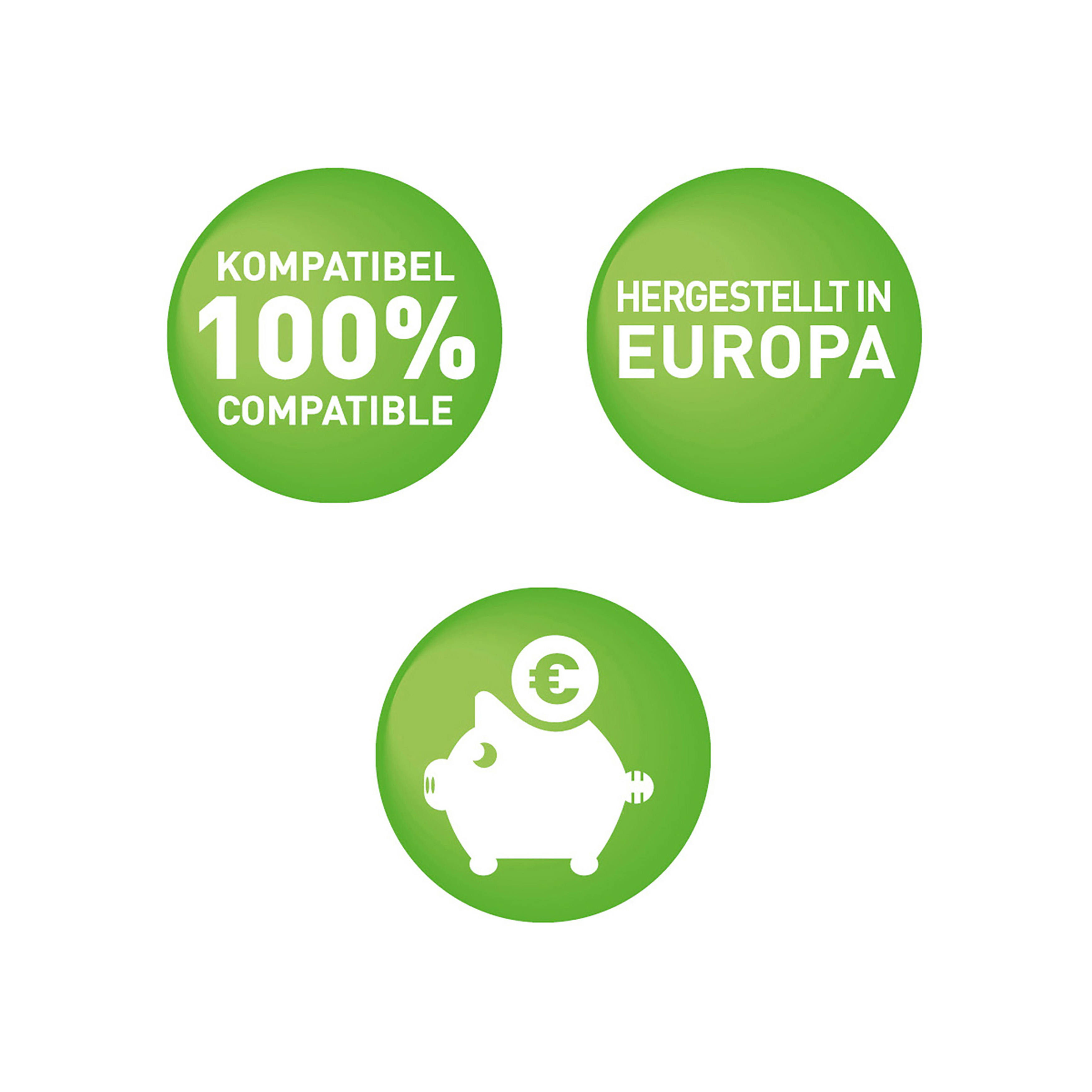 Trzy zielone okręgi z tekstem: 100% Kompatybilny, Wyprodukowano w Europie i świnka skarbonka ze znakiem euro.