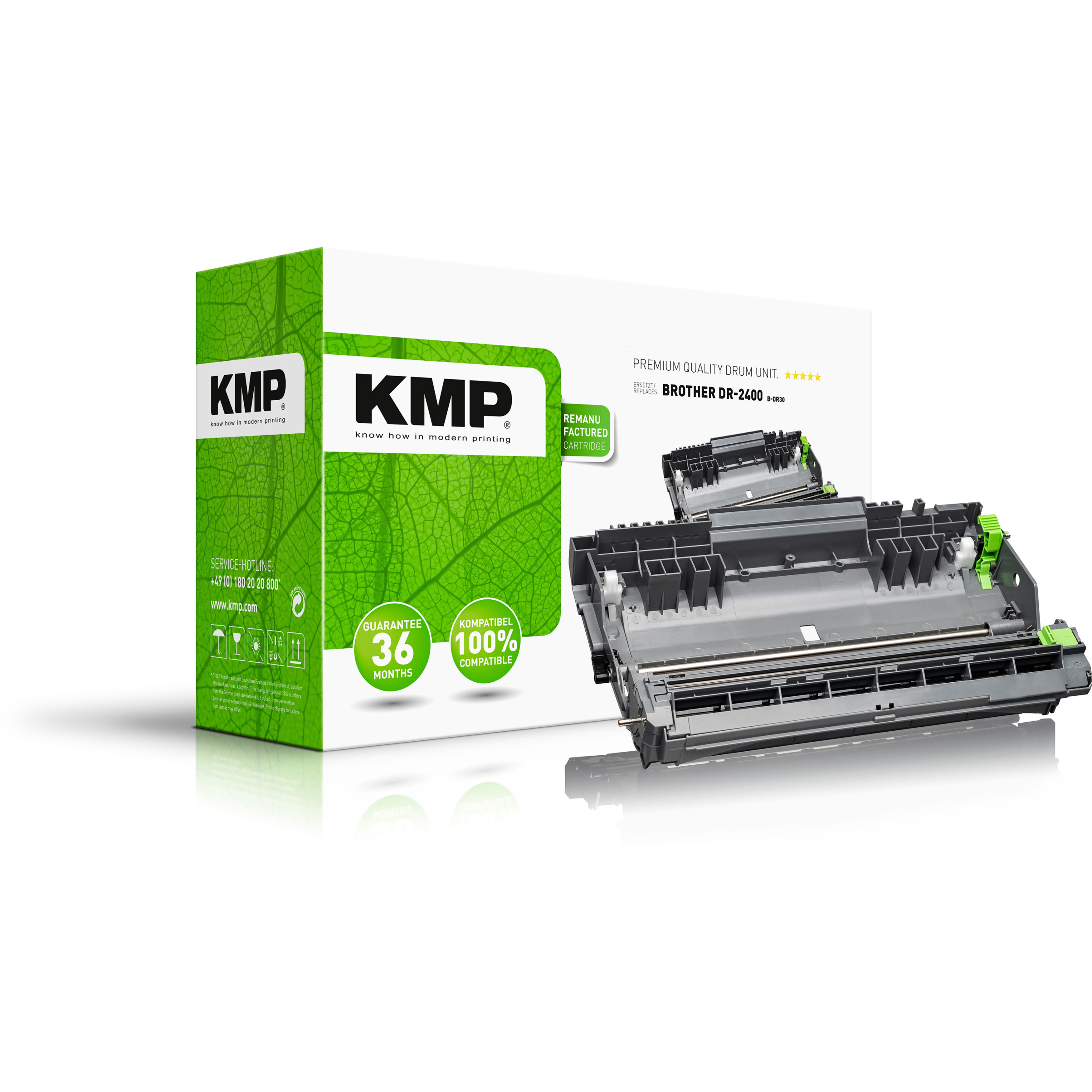 Eine KMP-Trommeleinheit-Box mit einer Trommeleinheit daneben.