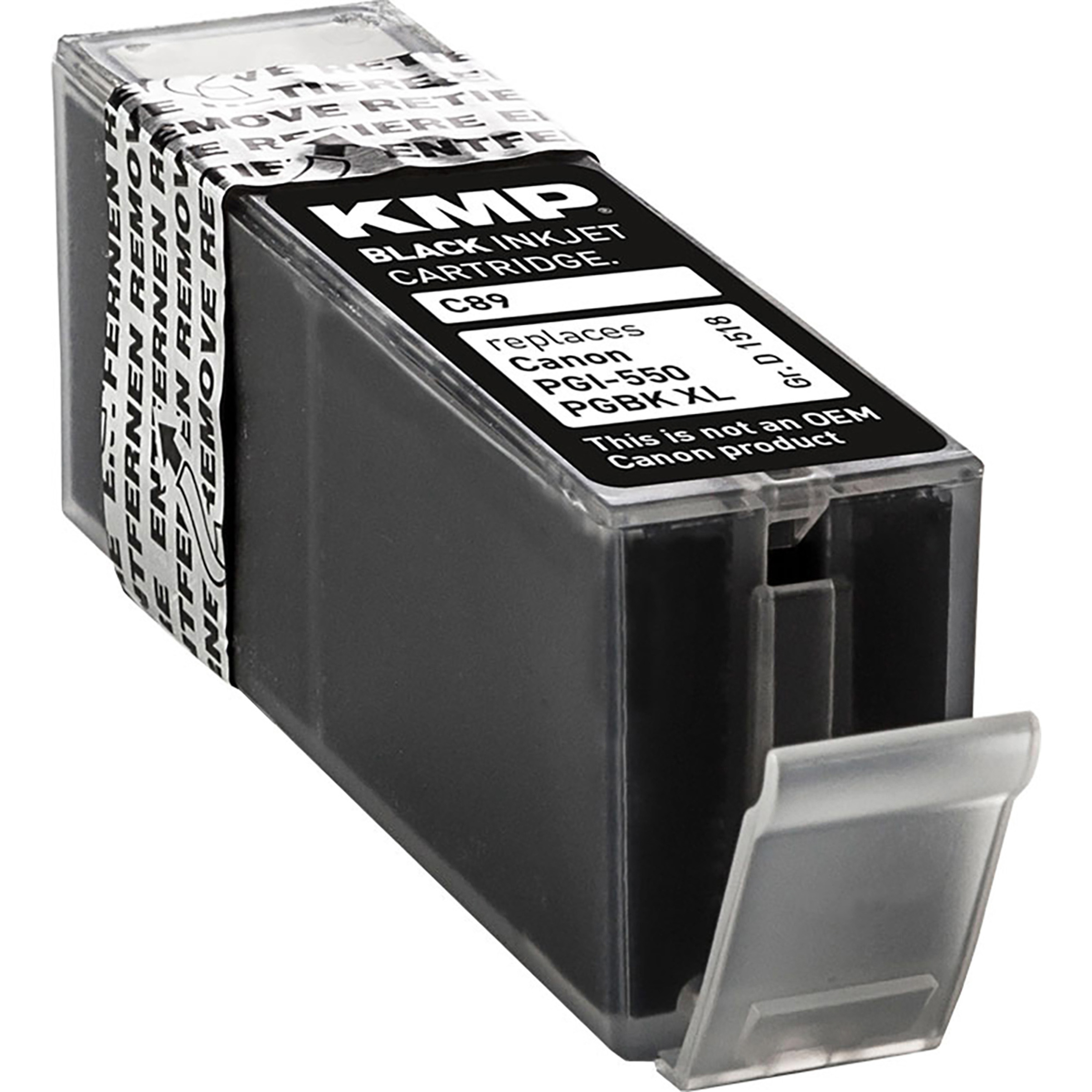 Una scatola nera di cartucce d'inchiostro KMP con un'etichetta che dice 'black inkjet cartridge'.
