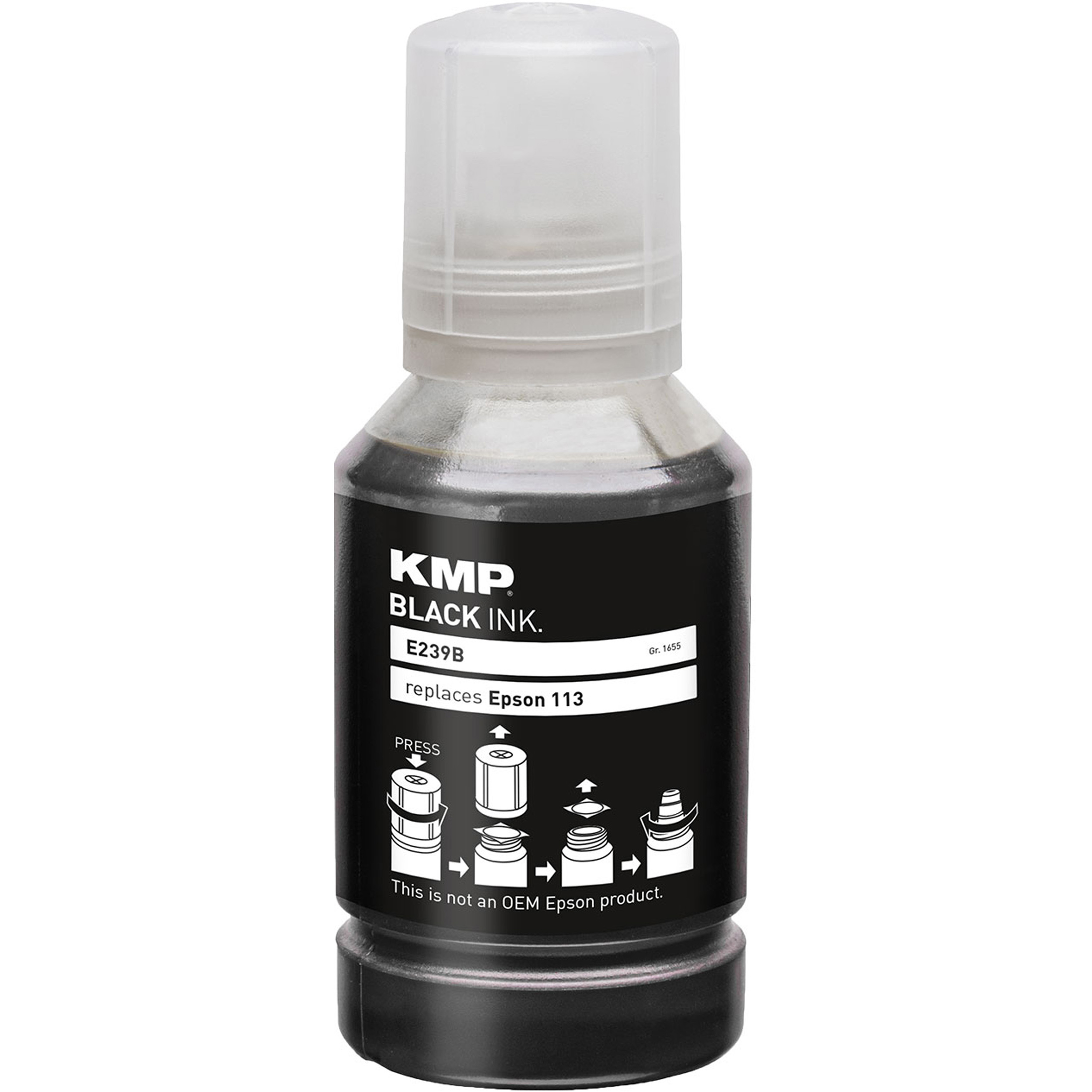 Flacone di inchiostro nero etichettato KMP Black Ink, per Epson 113, con istruzioni.