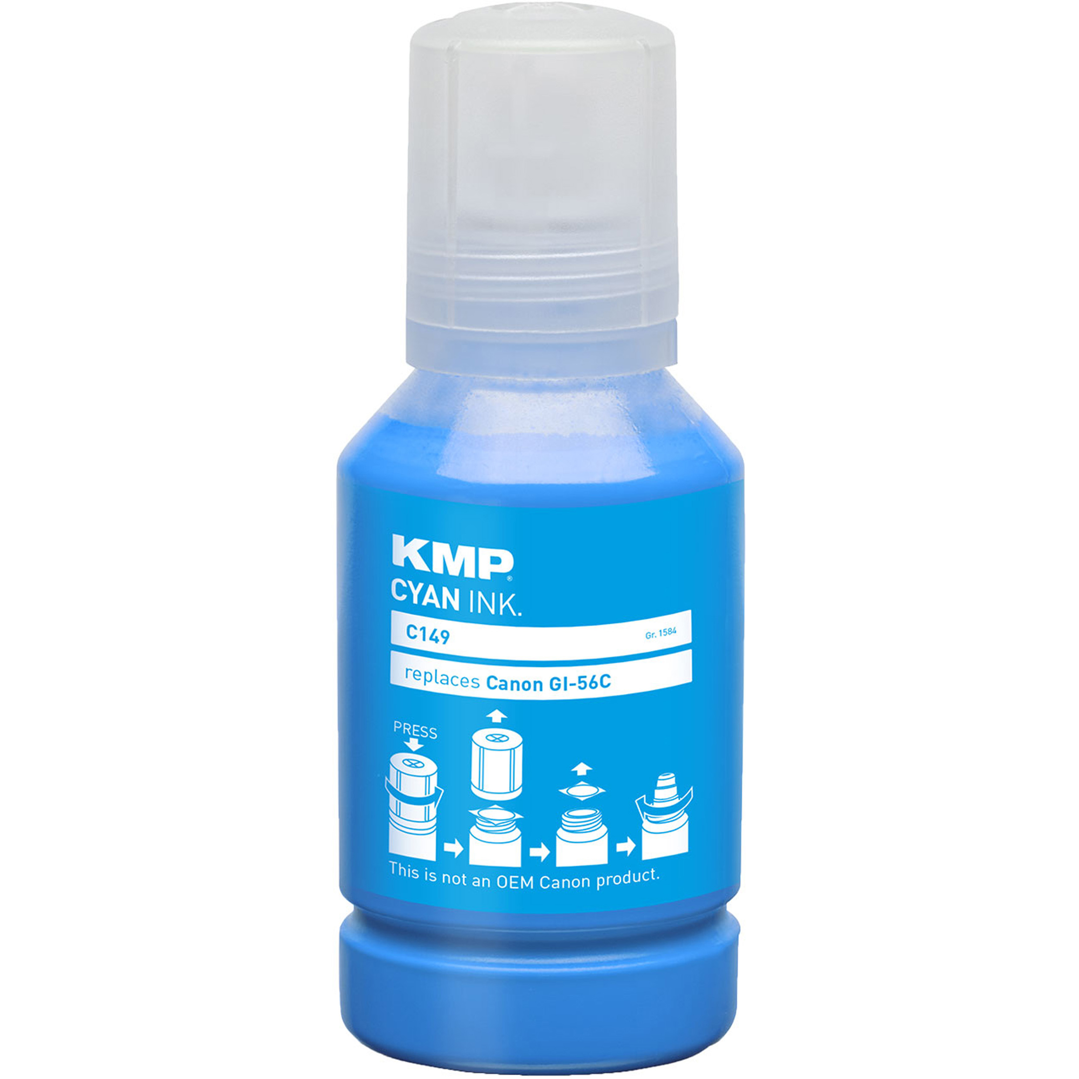 Eine blaue Tintenflasche mit Gebrauchsanweisung und dem Text 'KMP CYAN INK'.