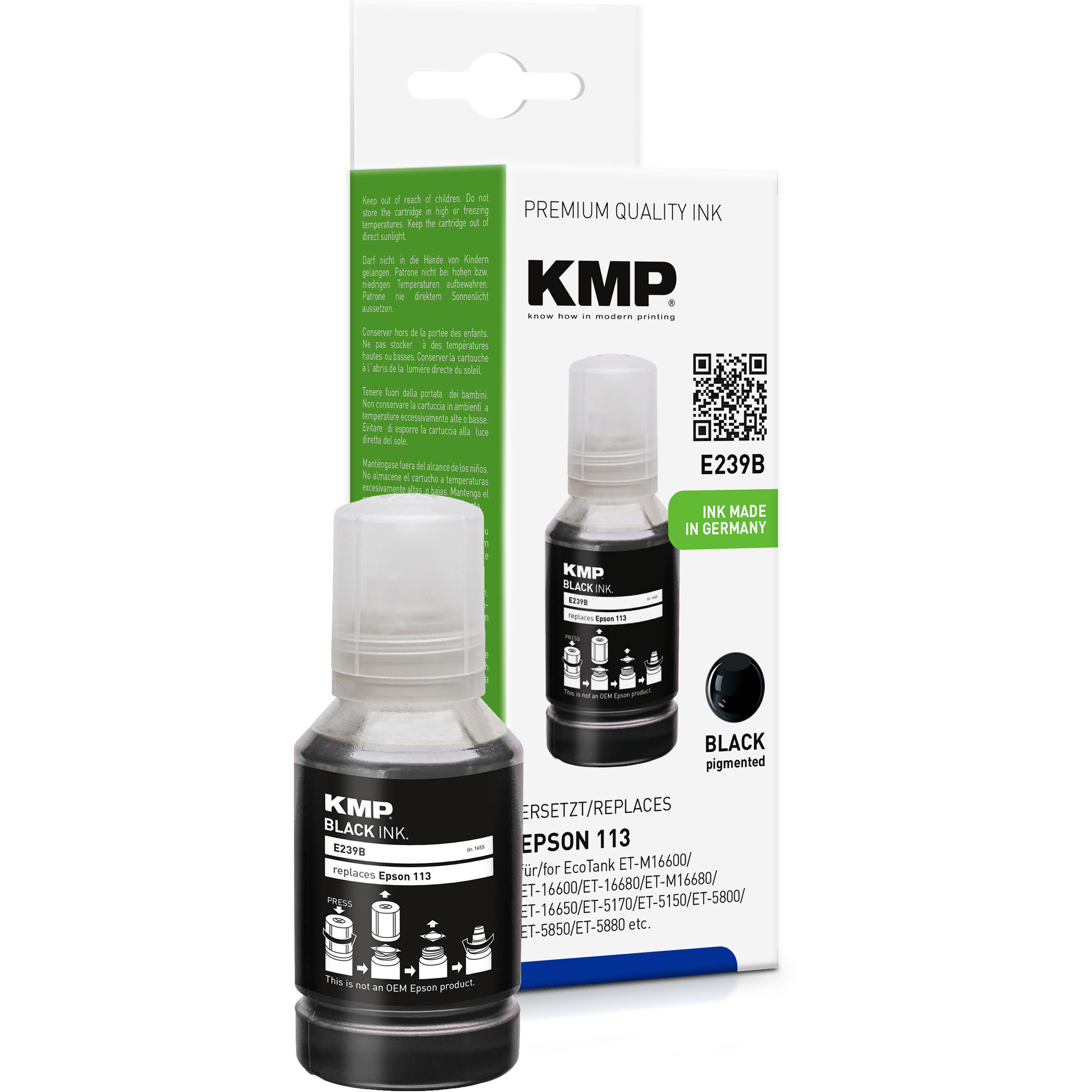 Flacone di inchiostro e scatola di inchiostro nero KMP, con istruzioni, per stampanti Epson 113. Inchiostro nero visibile.