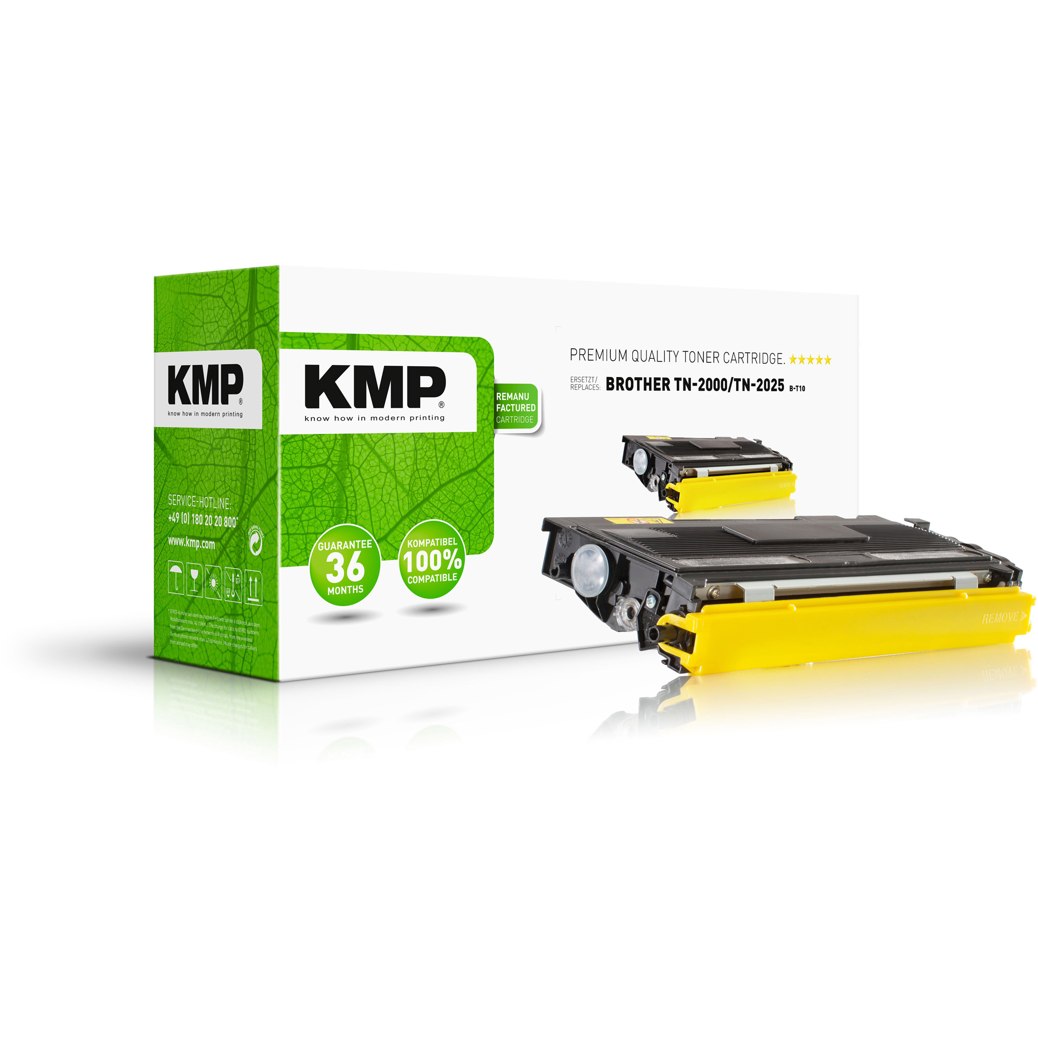 Scatola della cartuccia toner, design giallo e verde, con due cartucce toner all'interno.