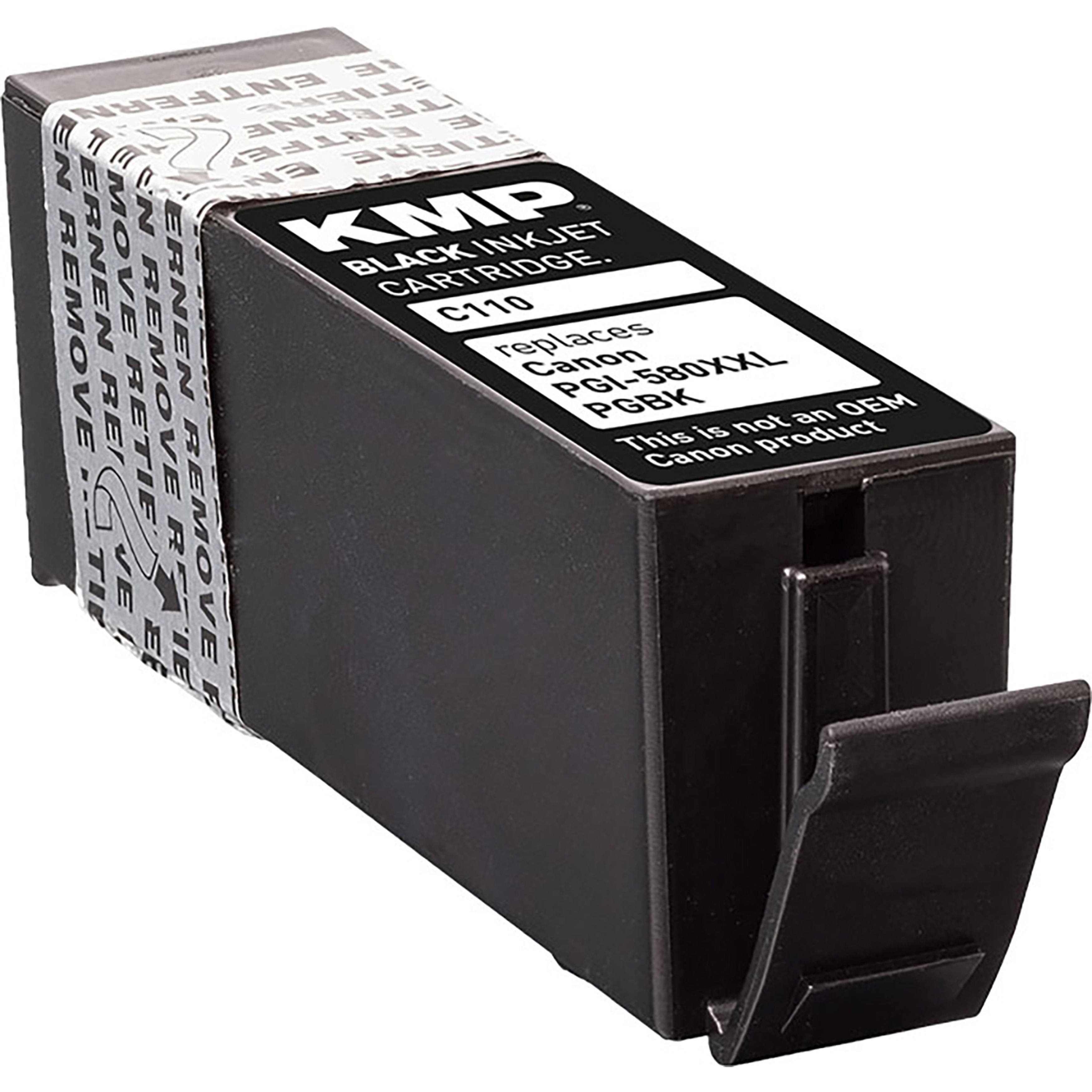 Schwarze KMP-Tintenpatrone mit weißem Etikett und abgezogenem Sicherheitssiegel. Die Patrone befindet sich auf weißem Hintergrund.