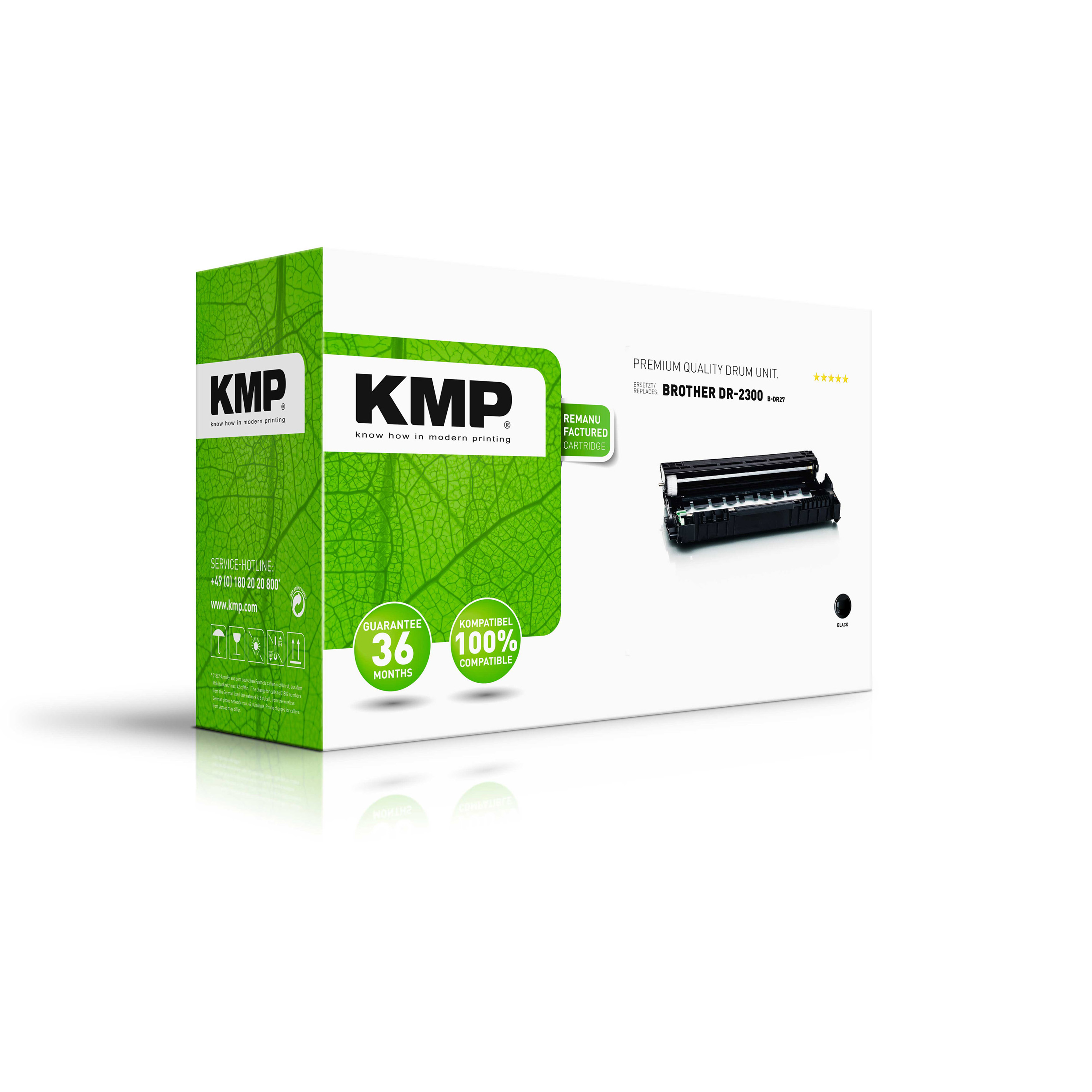 Eine Box mit einer Trommeleinheit. Die Box ist weiß mit dem KMP-Logo und einem grünen Blattdesign.