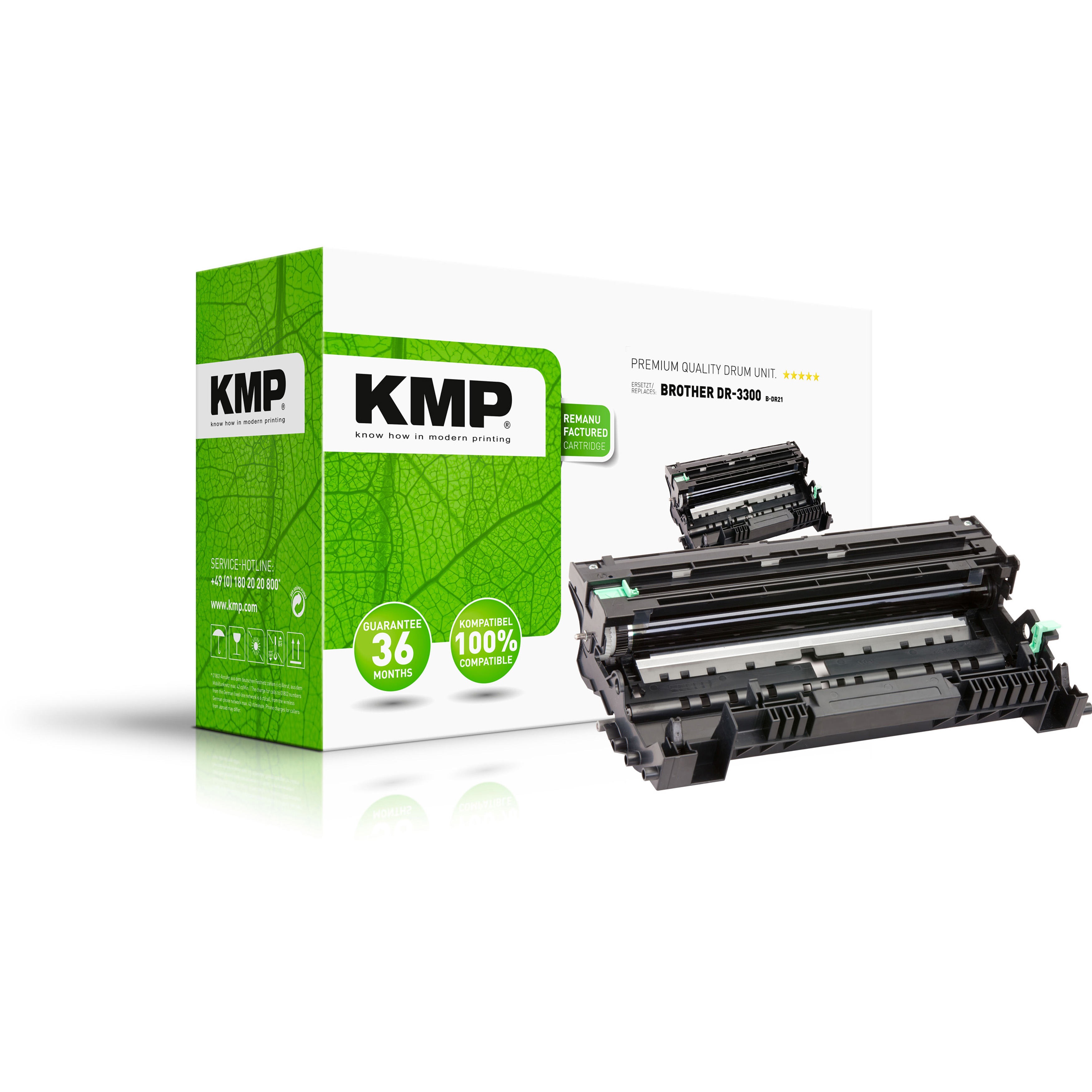 KMP-Druckerpatronenbox und eine Druckertrommeleinheit. Text: 'KMP' und '100% Compatible'.