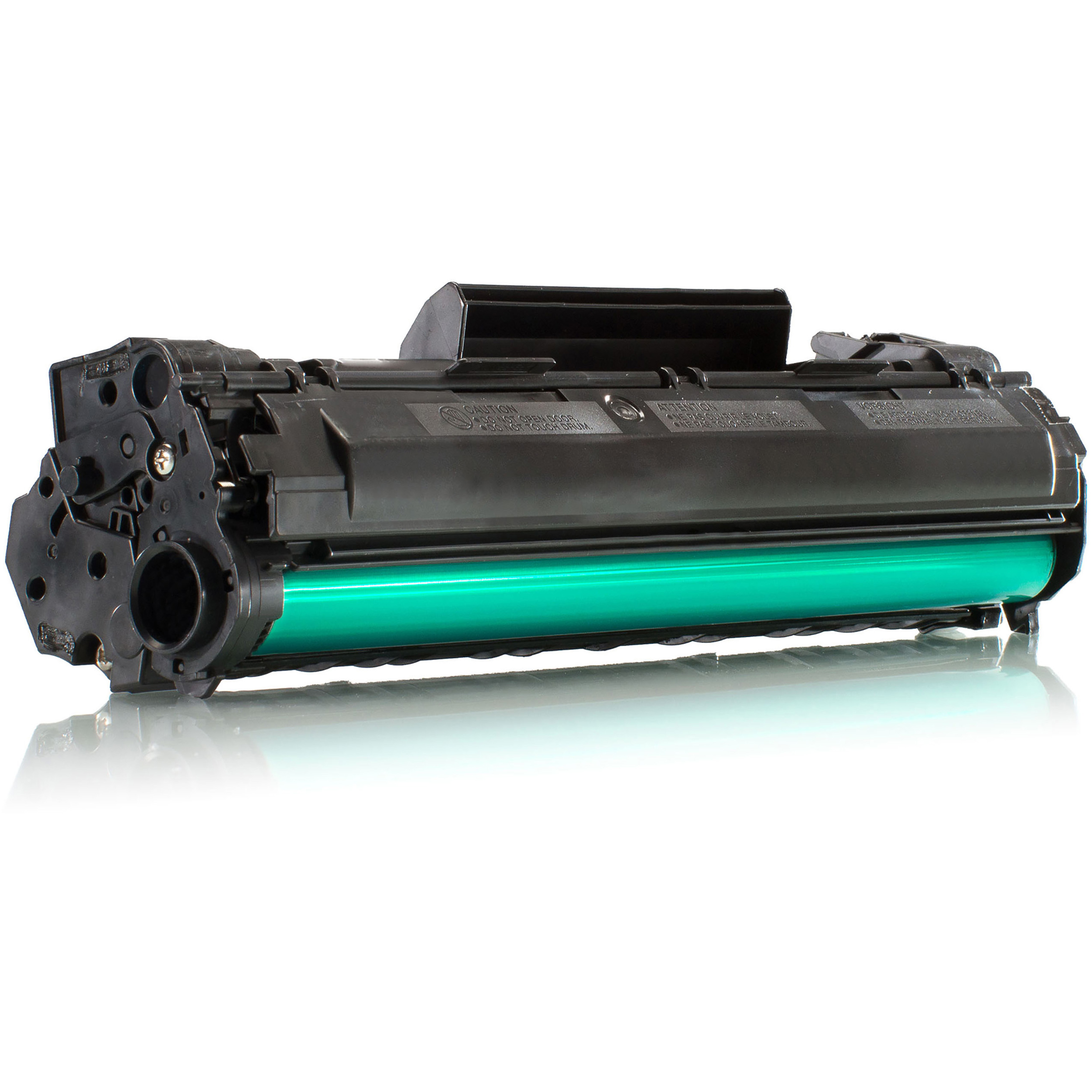 Una cartuccia toner nera e verde. È un oggetto lungo e cilindrico con un rullo verde.