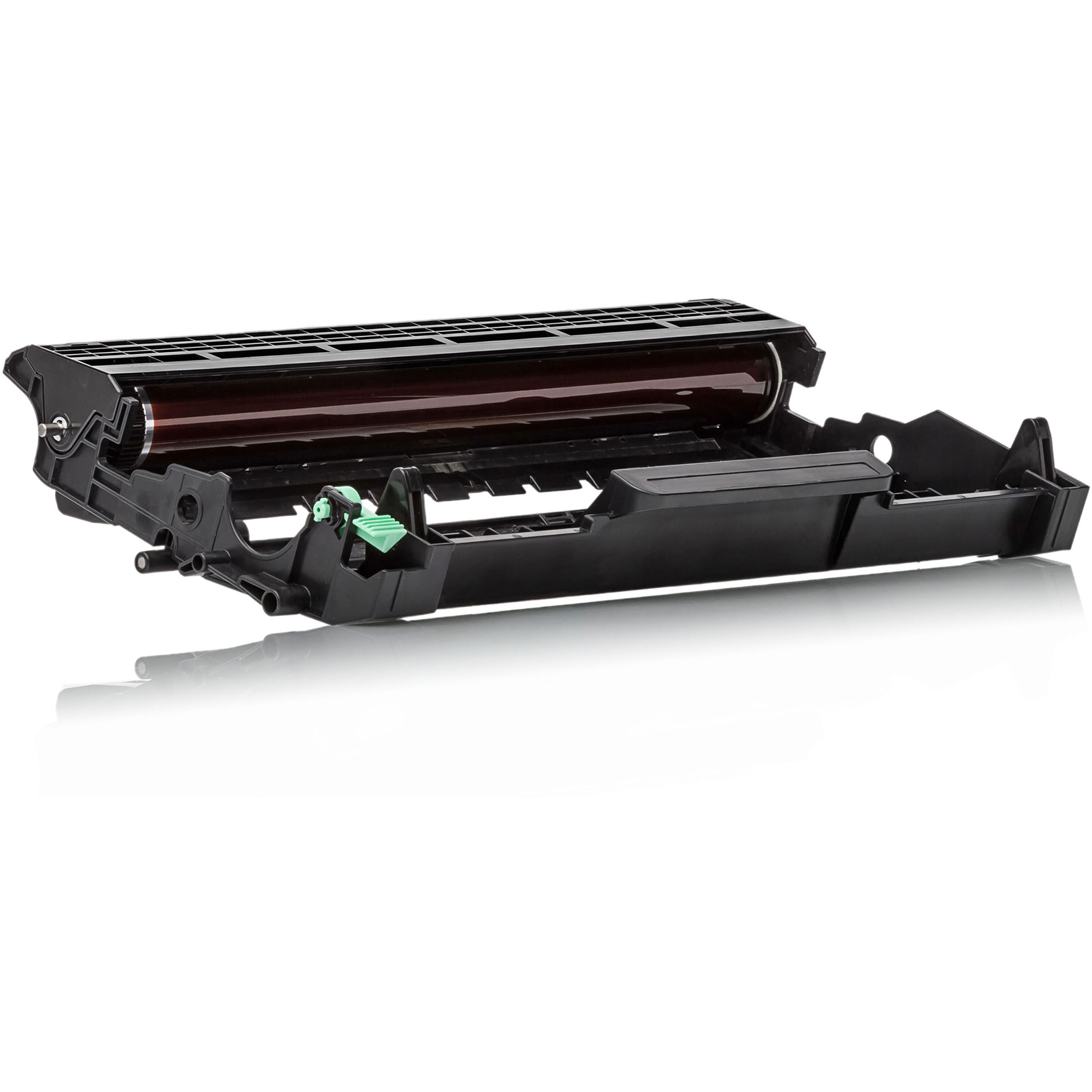 Cartuccia toner nera con componente cilindrico marrone, su sfondo bianco.