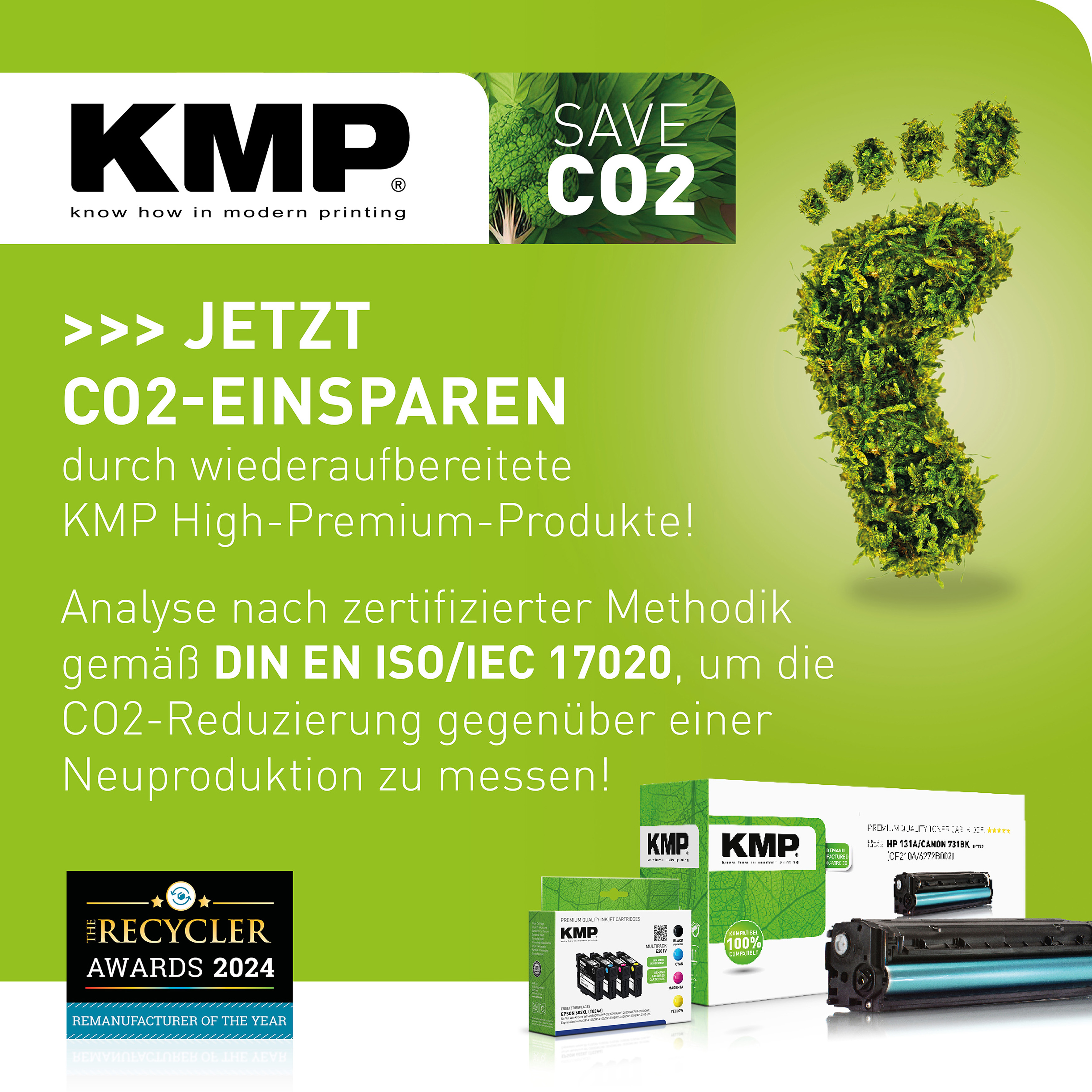 Immagine promozionale verde con testo sul risparmio di CO2 e prodotti KMP, insieme a un'impronta.