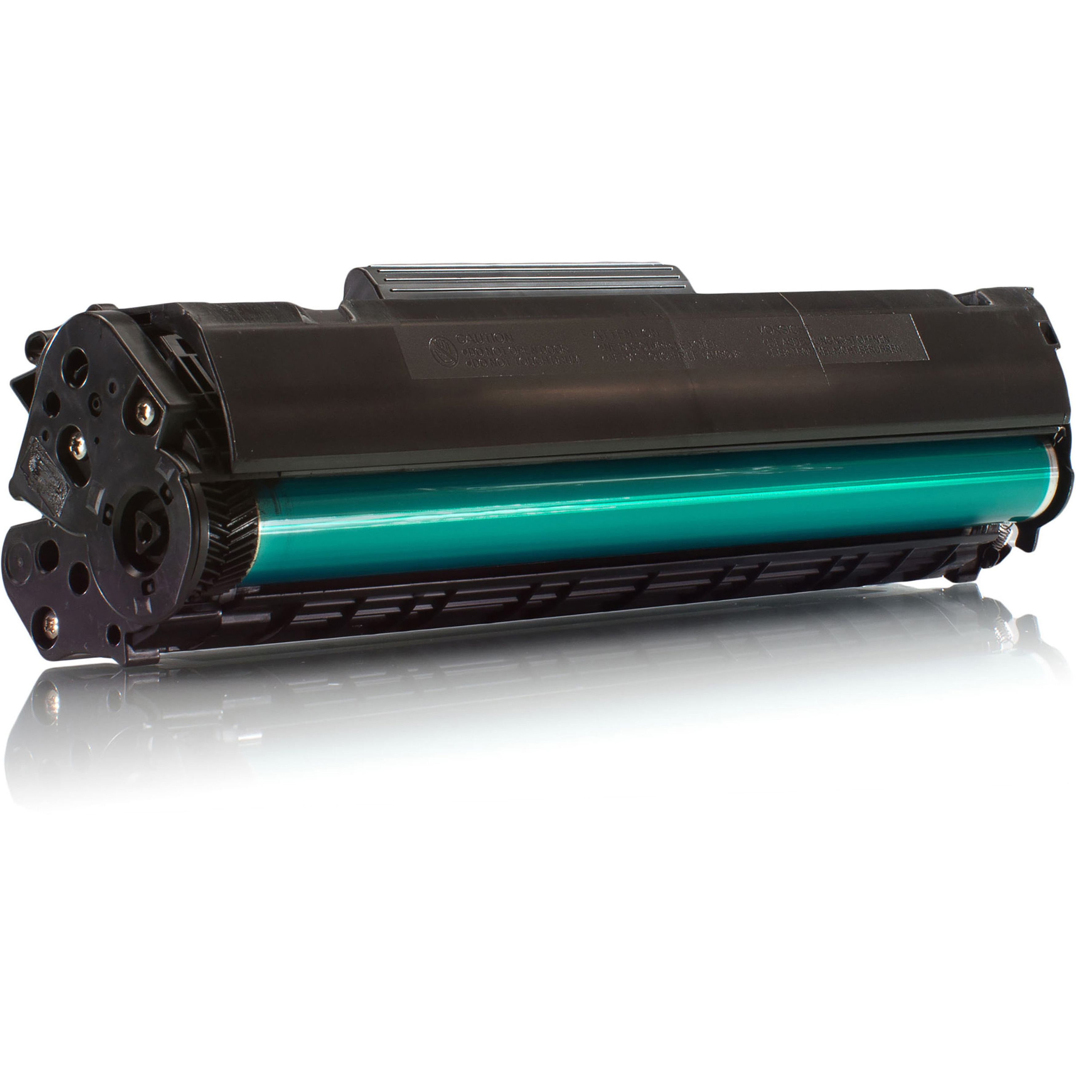 Cartuccia toner nera e verde su sfondo bianco, con la sua superficie riflettente visibile.